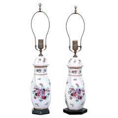 Compatible Pair Of Vintage Floral Painted Porcelain Table Lamps