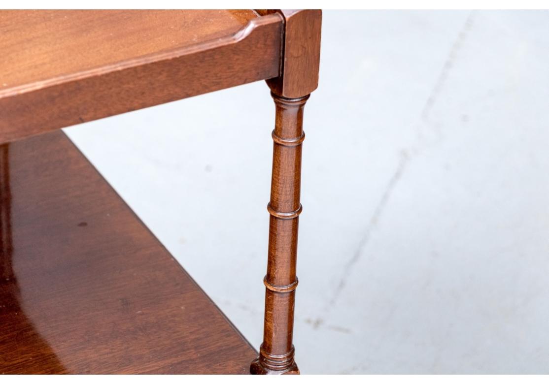 Paire de tables d'appoint anglaises à étages Wood & HOGAN Inc. en acajou avec galerie en forme, deux tiroirs, étage inférieur, colonnes tournées et pieds courts tournés. L'un d'eux porte le Label Wood & HOGAN.

Dimensions : 19 3/4