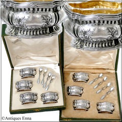 Compere Rare French Sterling Silver 18k Gold Eight Salt Cellars, Spoons, Boxes