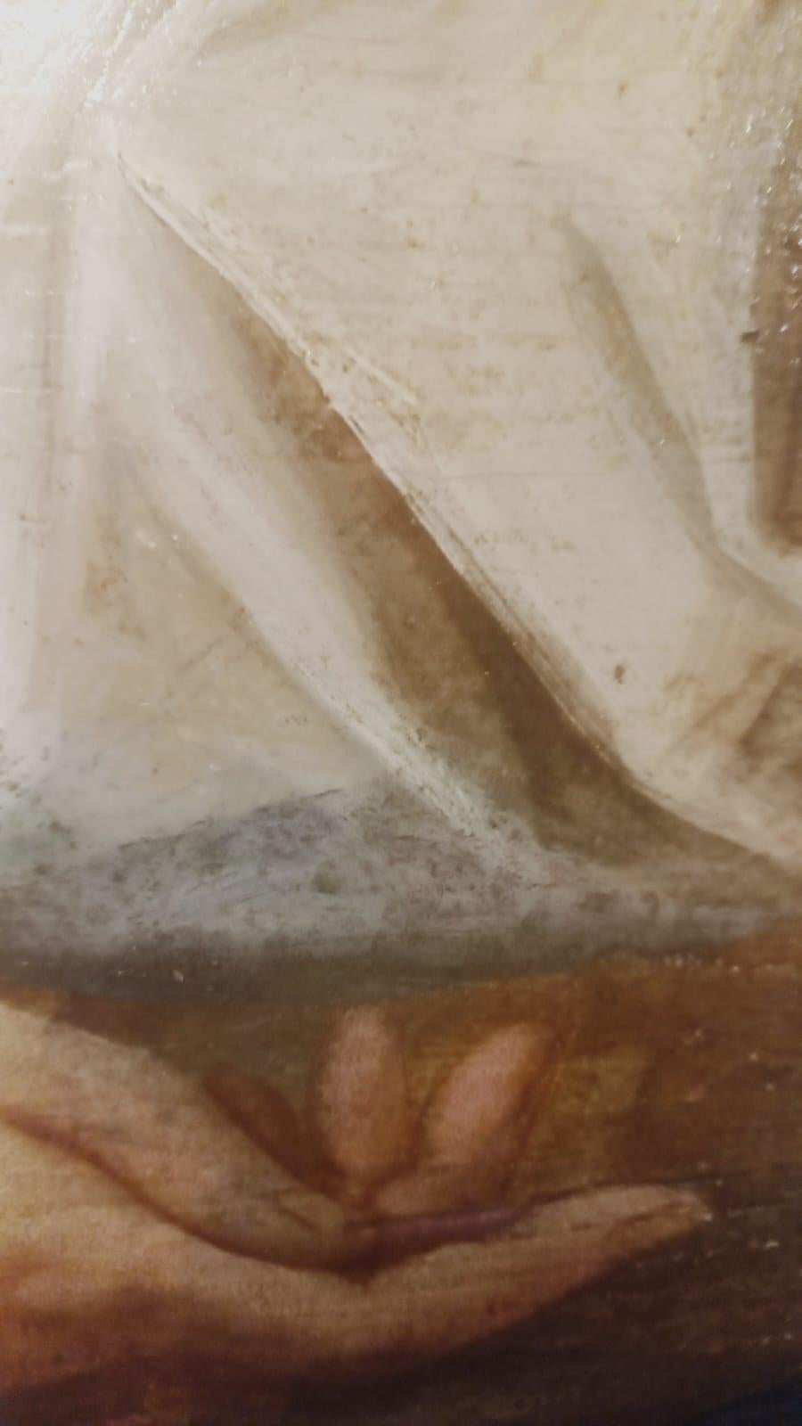Beweinung des toten Christus, Öl auf Tafel, 16. Jahrhundert, venezianischer Maler, trapezförmig, 79x143 cm. Das Gemälde hat keinen Rahmen.
Das Gemälde ist auf mehreren Brettern gemalt, die aus Stabilitätsgründen auf der Rückseite durch vertikale