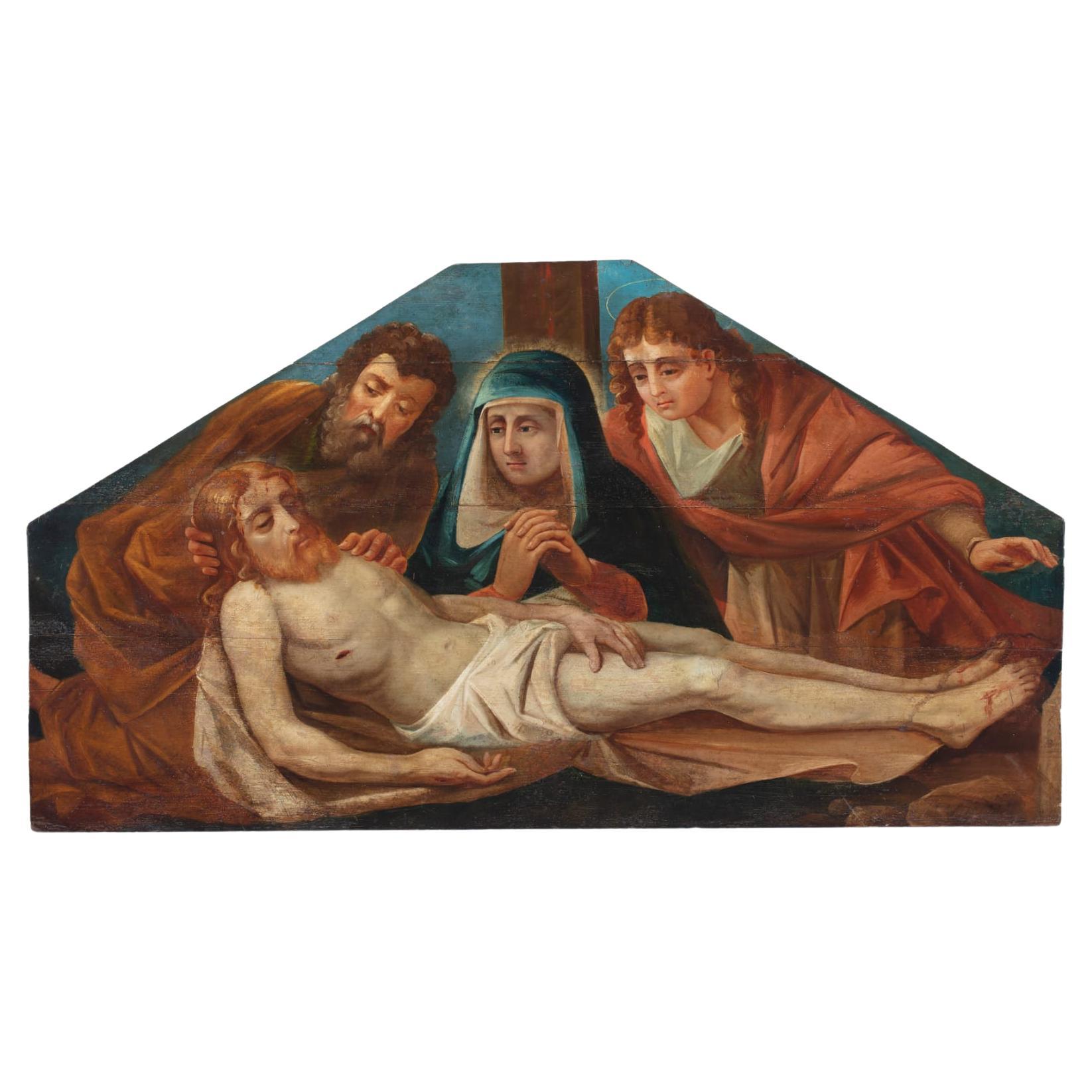 Lamentation over the Dead Christ, oil on panel For Sale