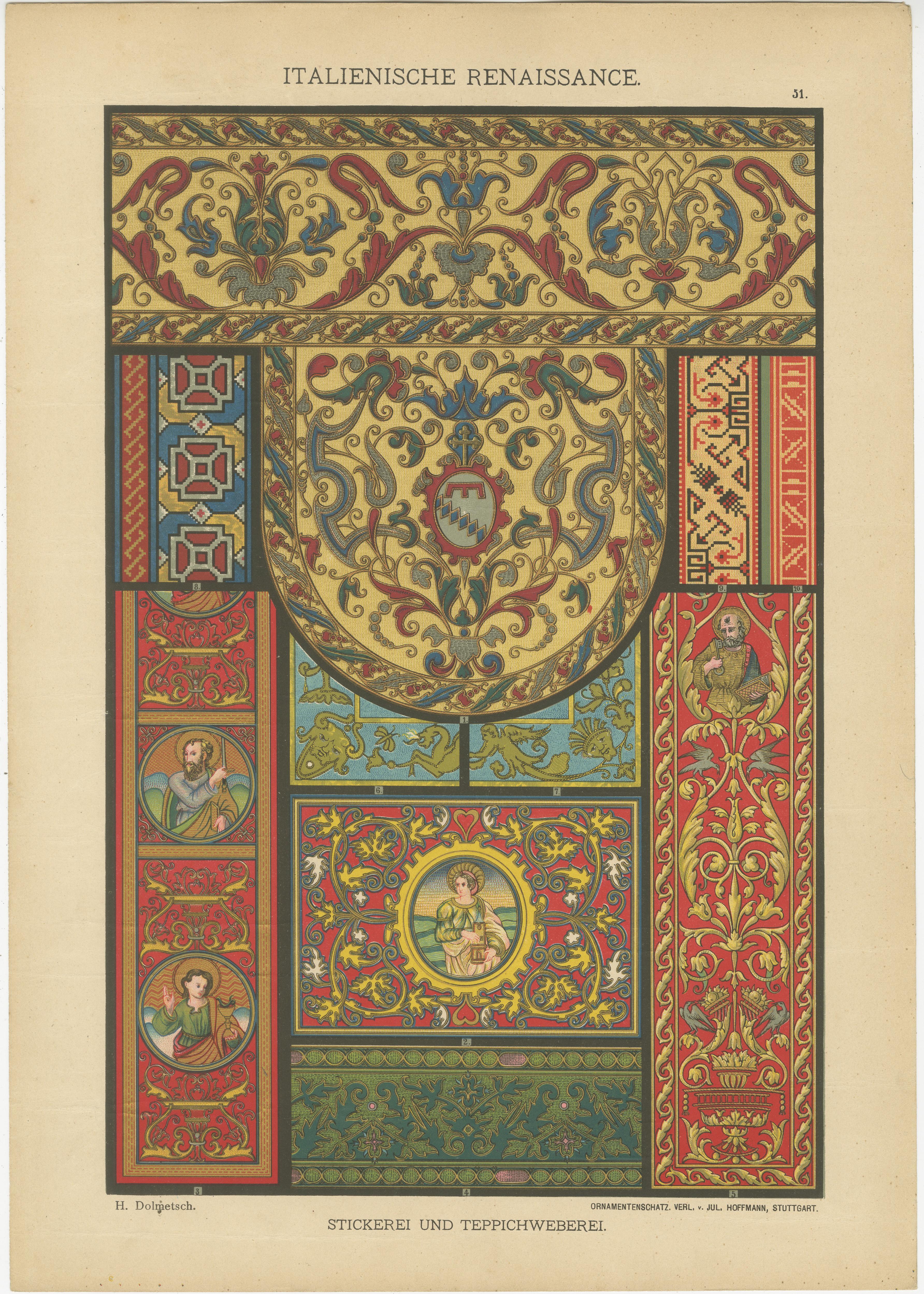 Titolo: Compilazione di disegni artistici del Rinascimento Italiano

 Descrizione delle stampe:

Queste quattro stampe presentano una collezione variegata di motivi di design del Rinascimento italiano, originariamente pubblicati nella rivista