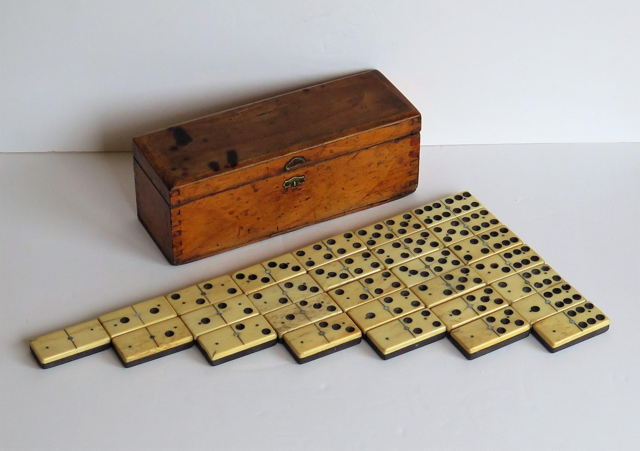 Wood Complete 19th Century Domino Game in Hardwood Jointed Box, circa 1870