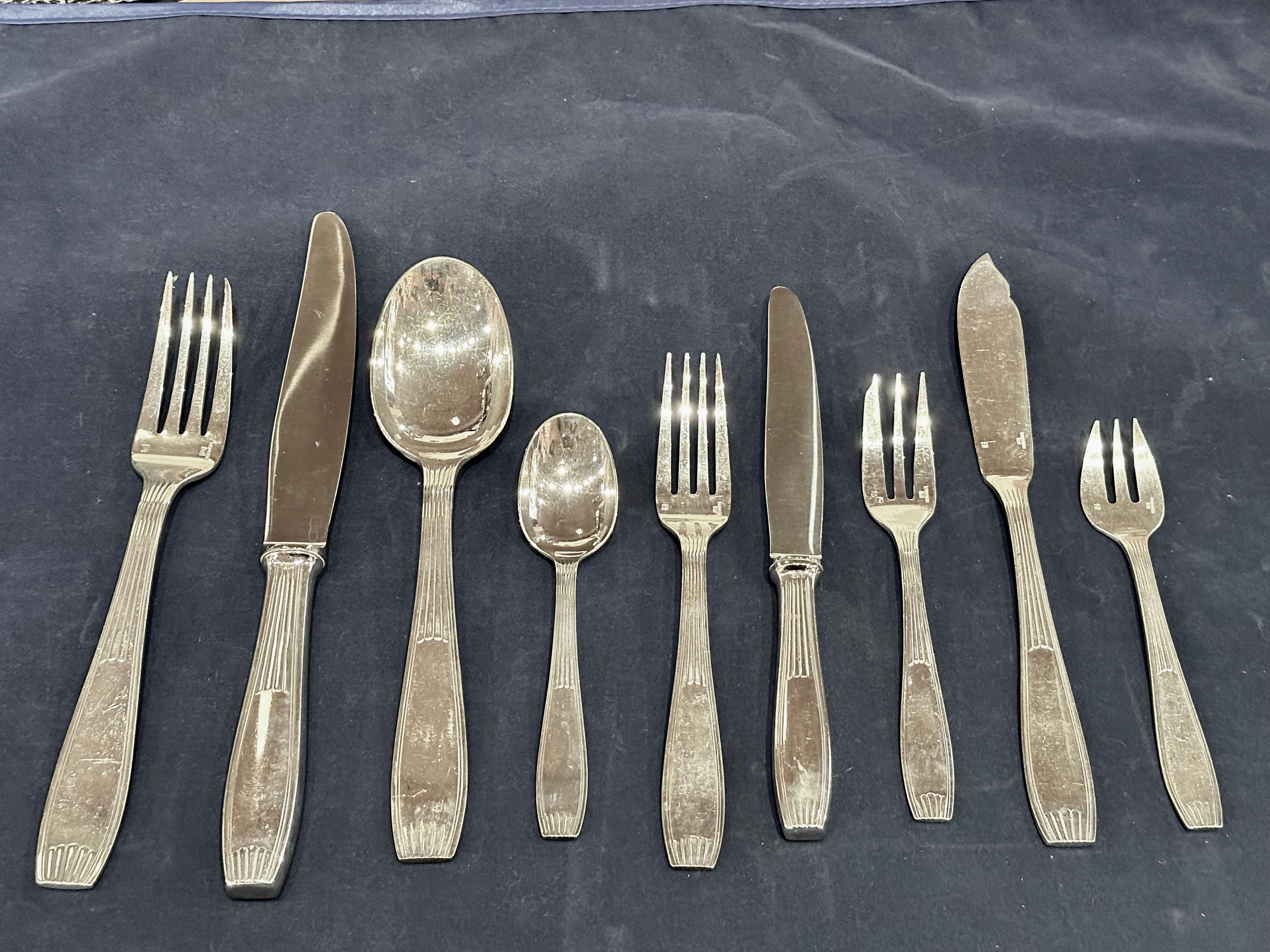 Silver Plate Complete Art Deco Silverware Service for 12 by Christofle in Fitted Wooden Chest