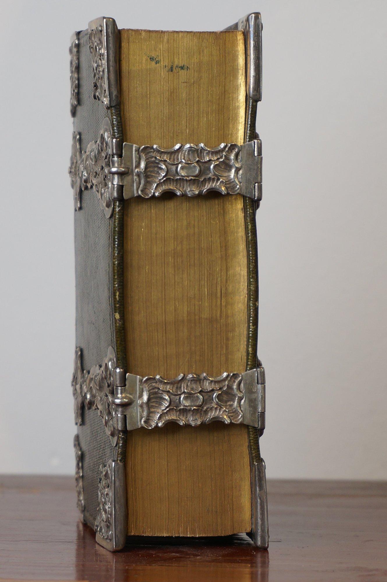 European Complete bible bound in green leather morocco with silver clasps, 18th century For Sale