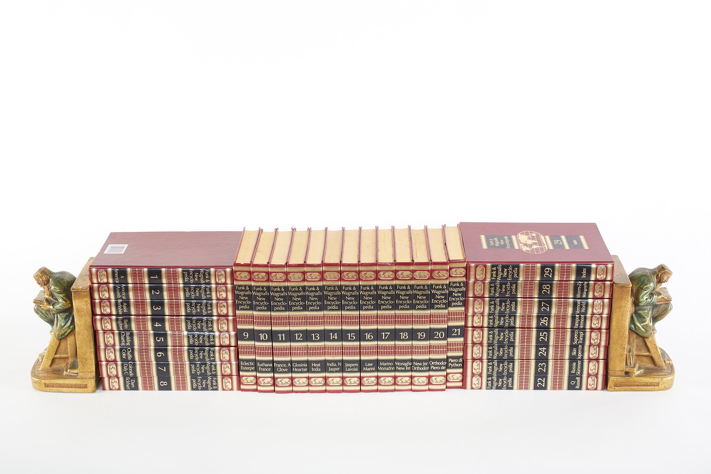 Gilt leather bound sturdy / library room complete collection set. The set include twenty 28 volumes. Funk & Wagnalls, New Encyclopedia. Each book is in great condition. Minor wear consistent with age / use. Each book measure about 9.2 inches long x