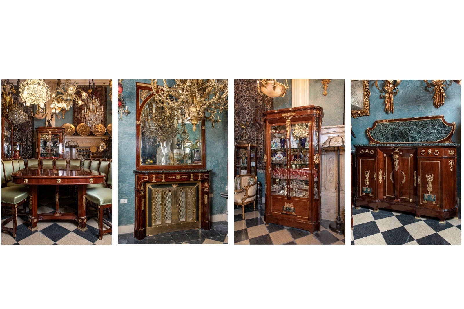 Complete Dining Room Set with Vitrine, Clock, Buffets, Mirror and Fireplace For Sale