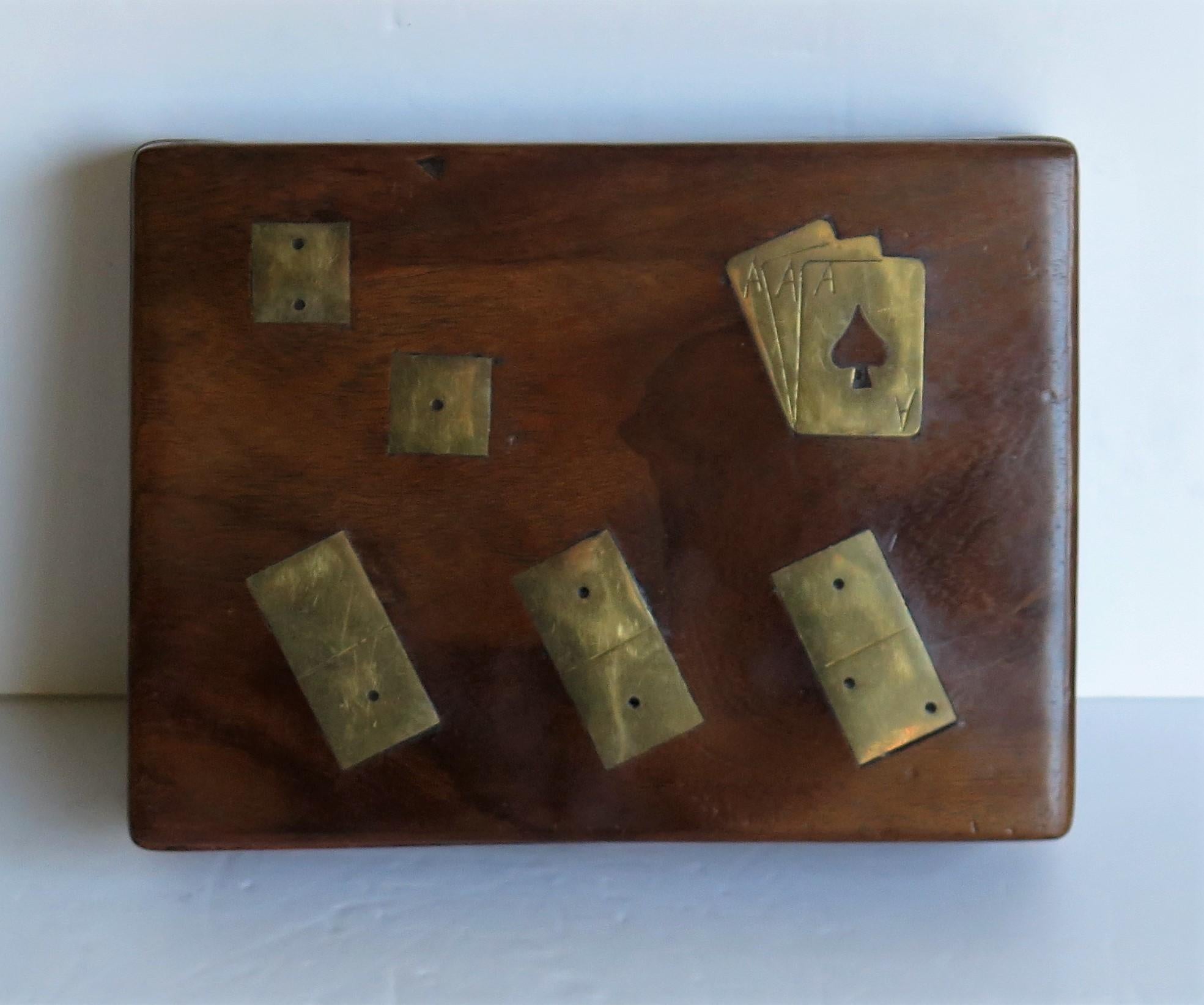 20th Century Complete Handmade Game Box with Dominoes, Six Dice & Playing Cards, circa 1940s For Sale