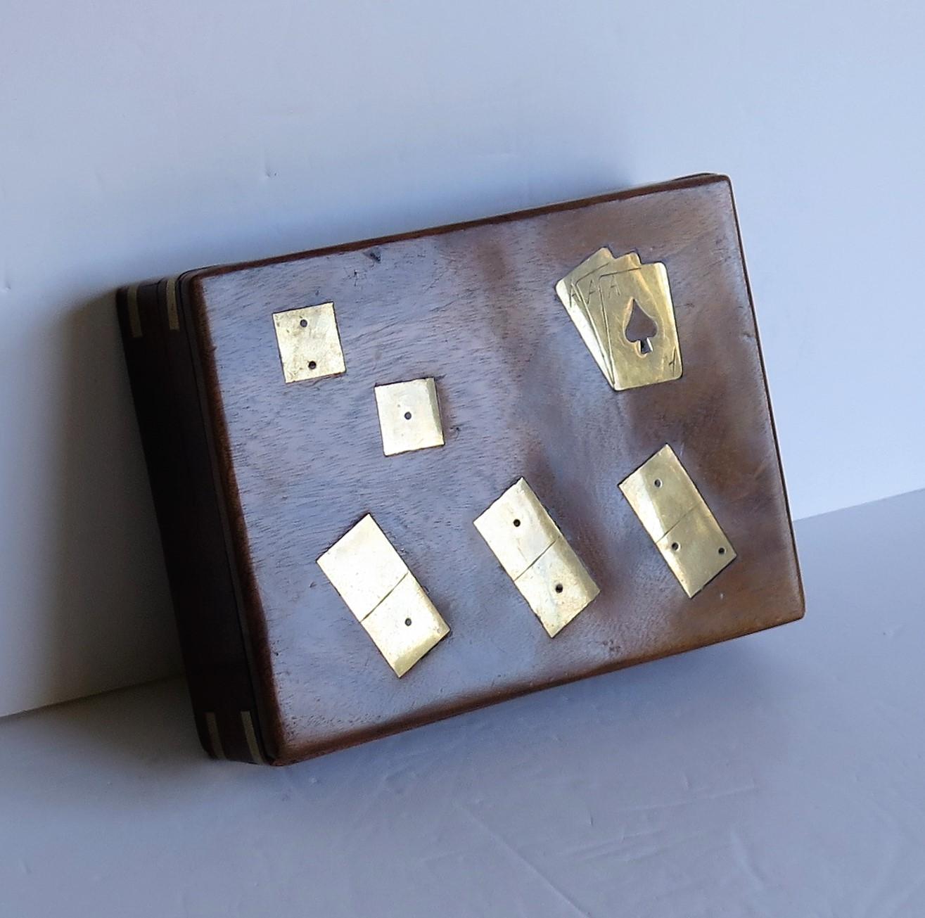 Complete Handmade Game Box with Dominoes, Six Dice & Playing Cards, circa 1940s For Sale 1