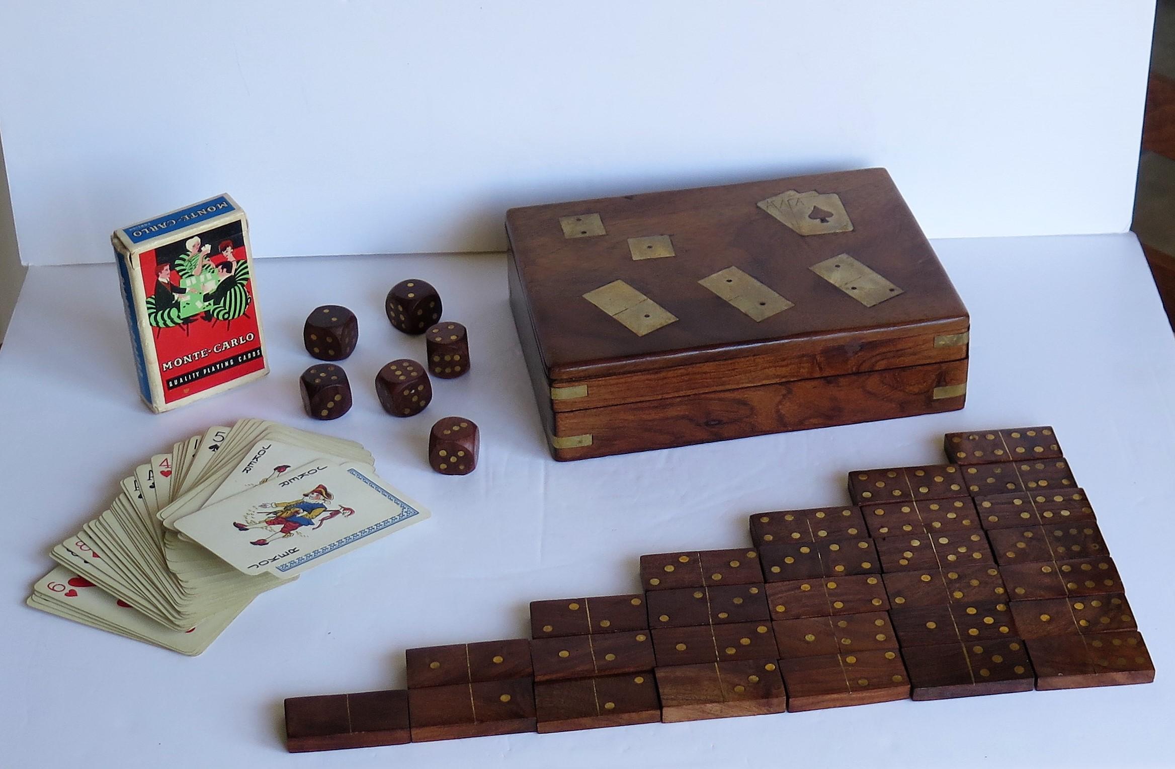 Unknown Complete Handmade Game Box with Dominoes, Six Dice & Playing Cards, circa 1940s For Sale