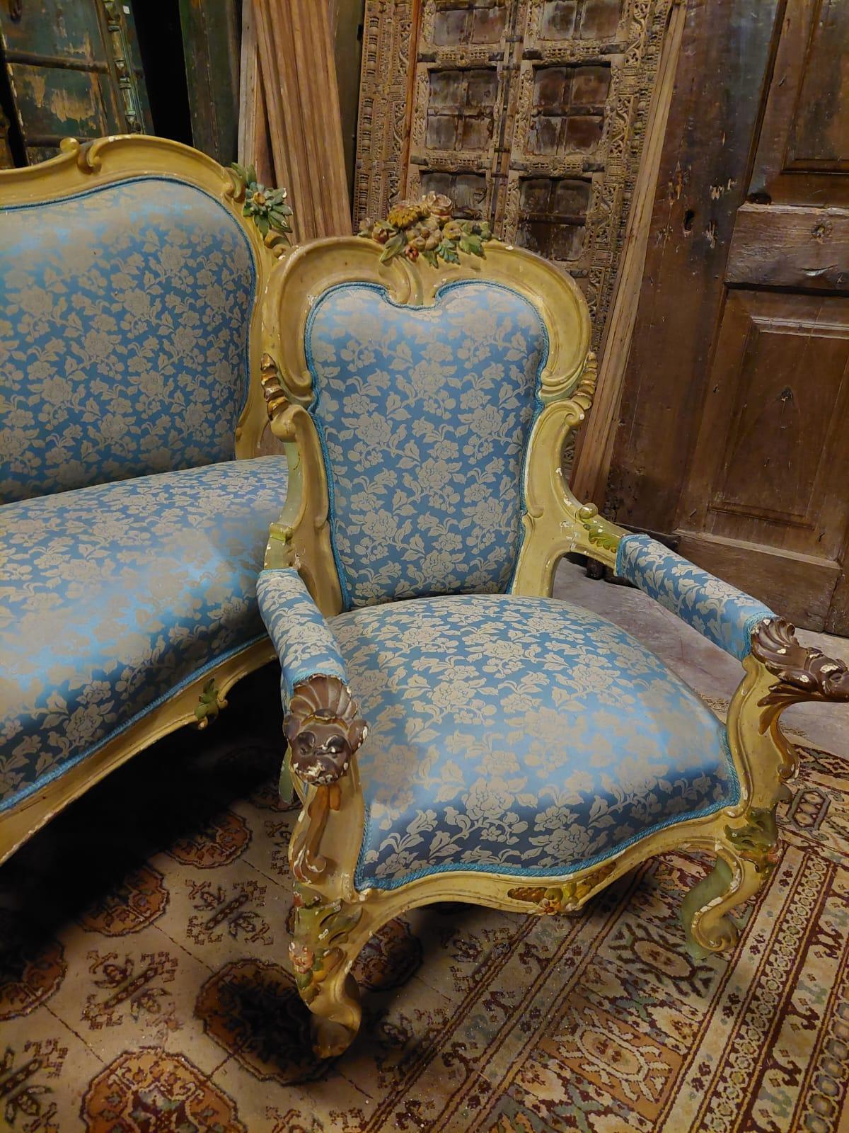 Complete Liberty living room set, carved lacquered yellow and blue, Italy For Sale 3