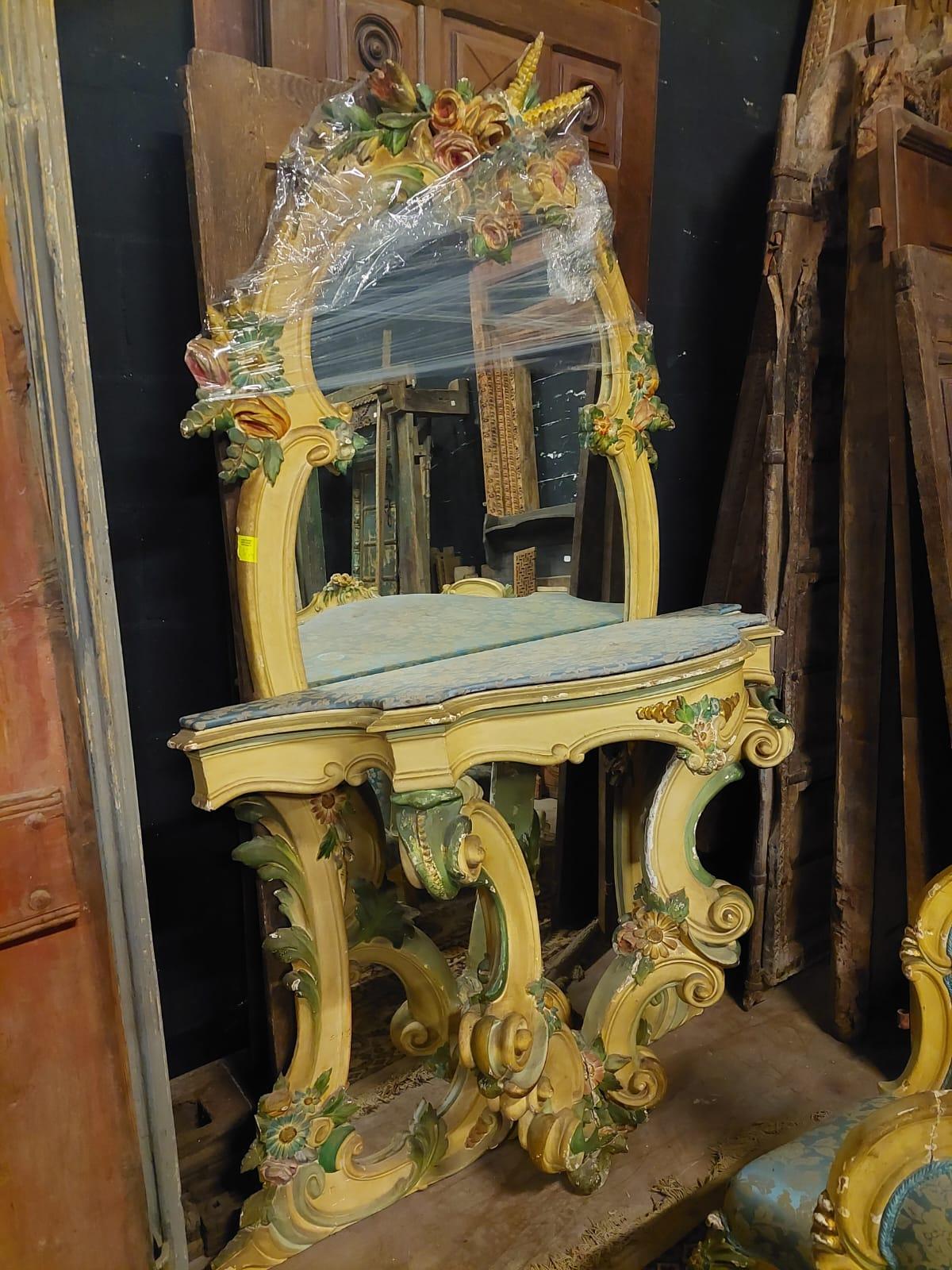 Complete Liberty living room set, carved lacquered yellow and blue, Italy For Sale 4