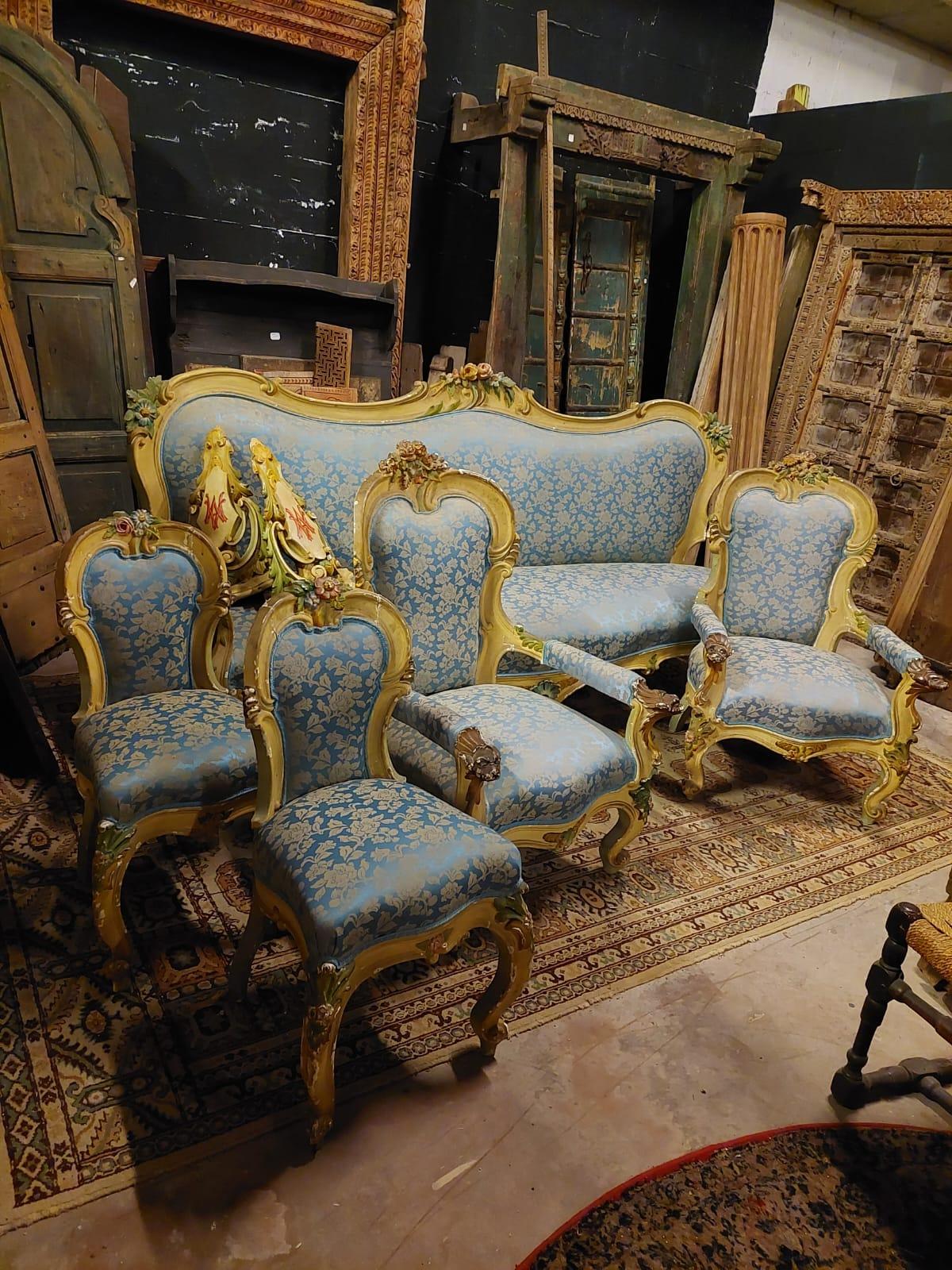 Complete Liberty living room set, carved lacquered yellow and blue, Italy For Sale 5