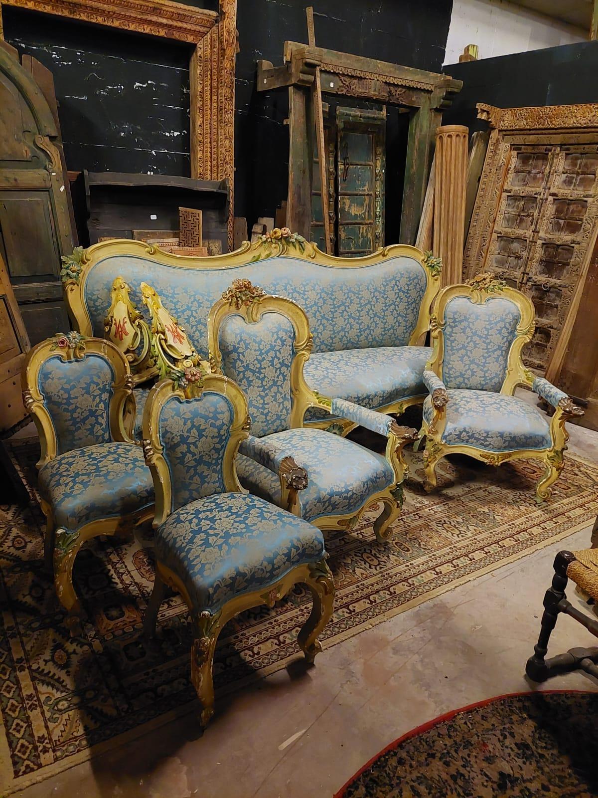 Complete Liberty living room set, carved lacquered yellow and blue, Italy For Sale 6