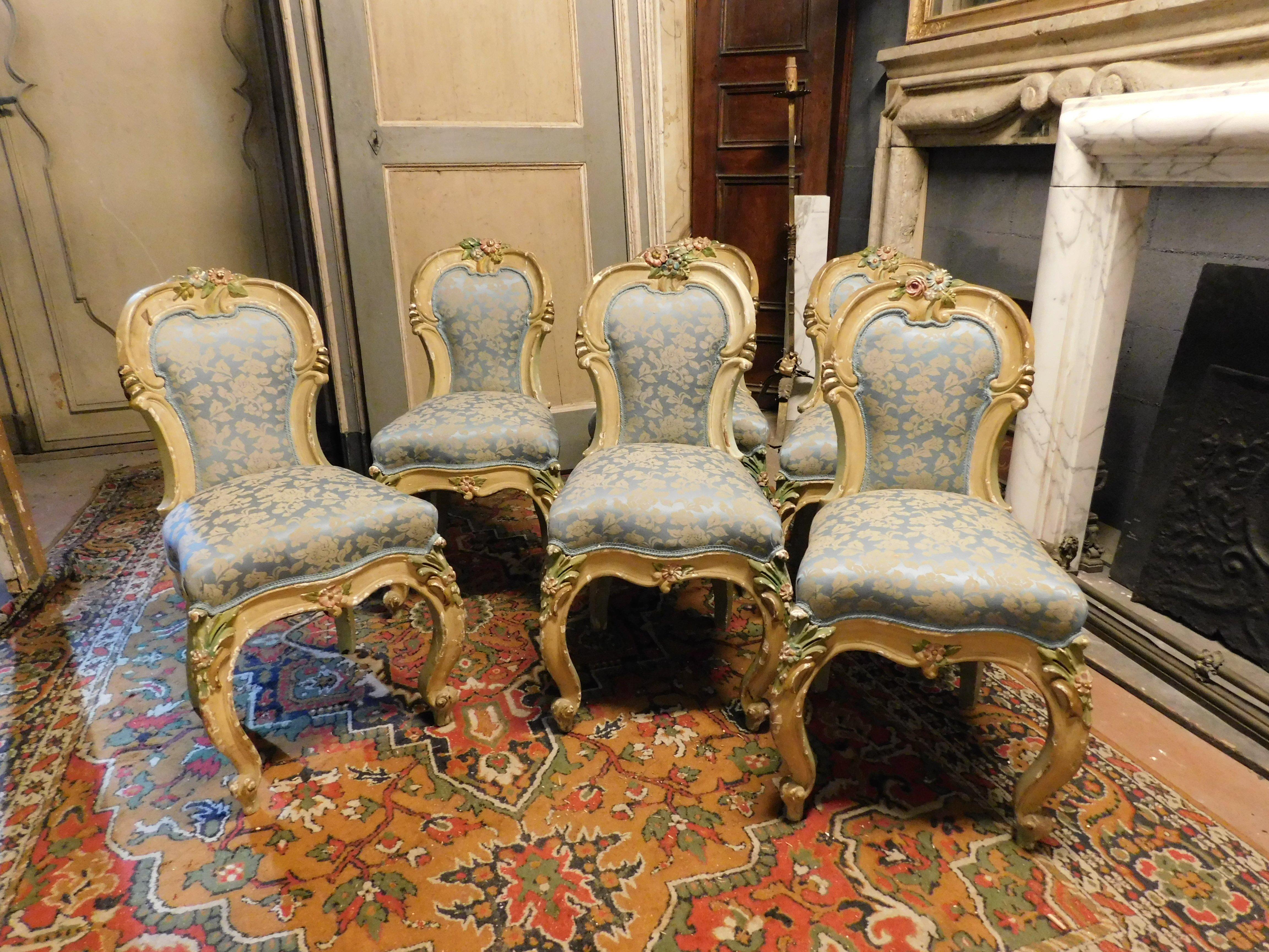 Complete old vintage Liberty living room set: 6 chairs, 2 armchairs, 1 sofa, 1 console with mirror and 2 shelves, all richly carved with period floral motifs and precious original brocade fabric, made in Italy in the middle of the 1900s. Lots of