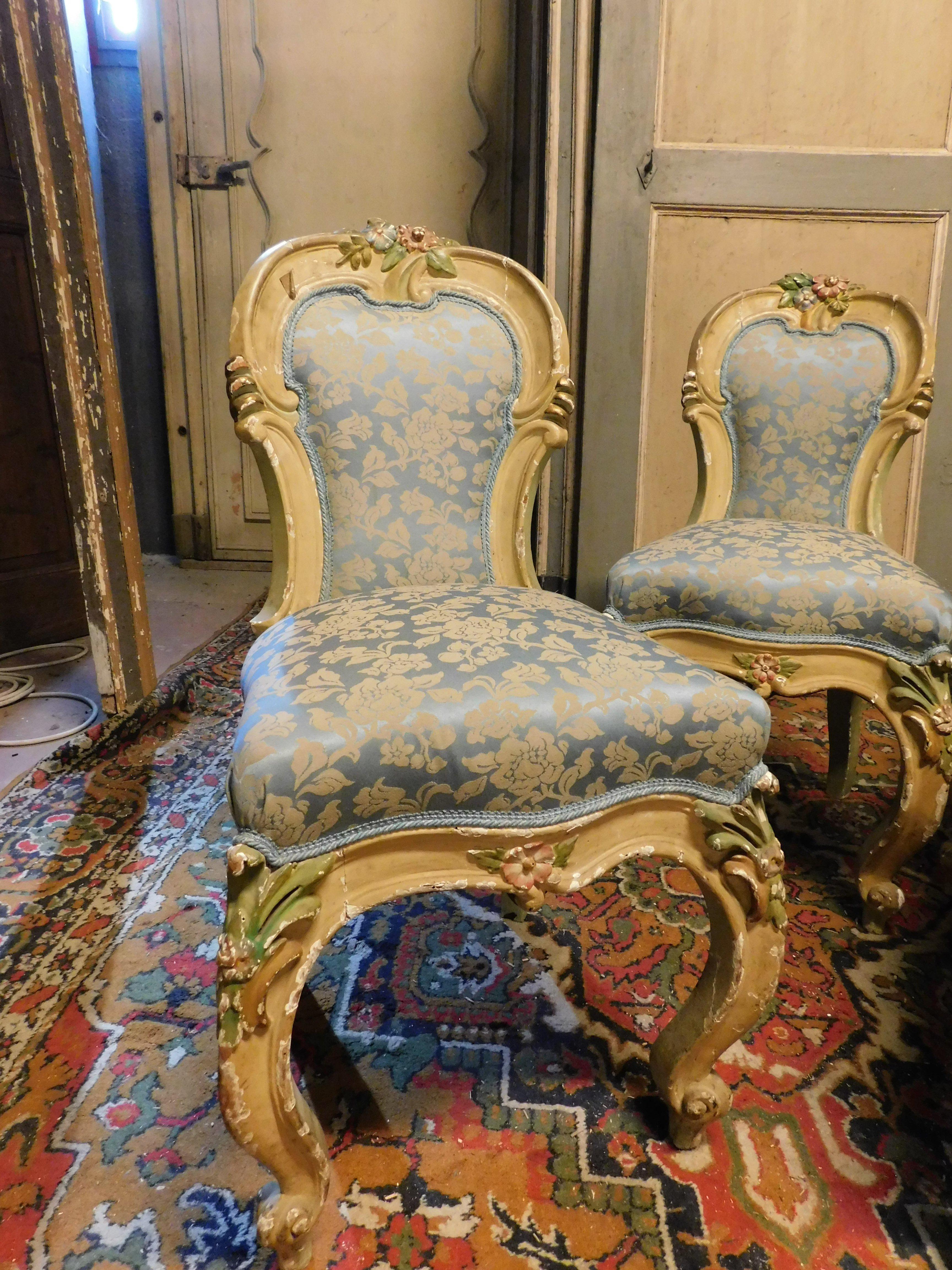 Italian Complete Liberty living room set, carved lacquered yellow and blue, Italy For Sale