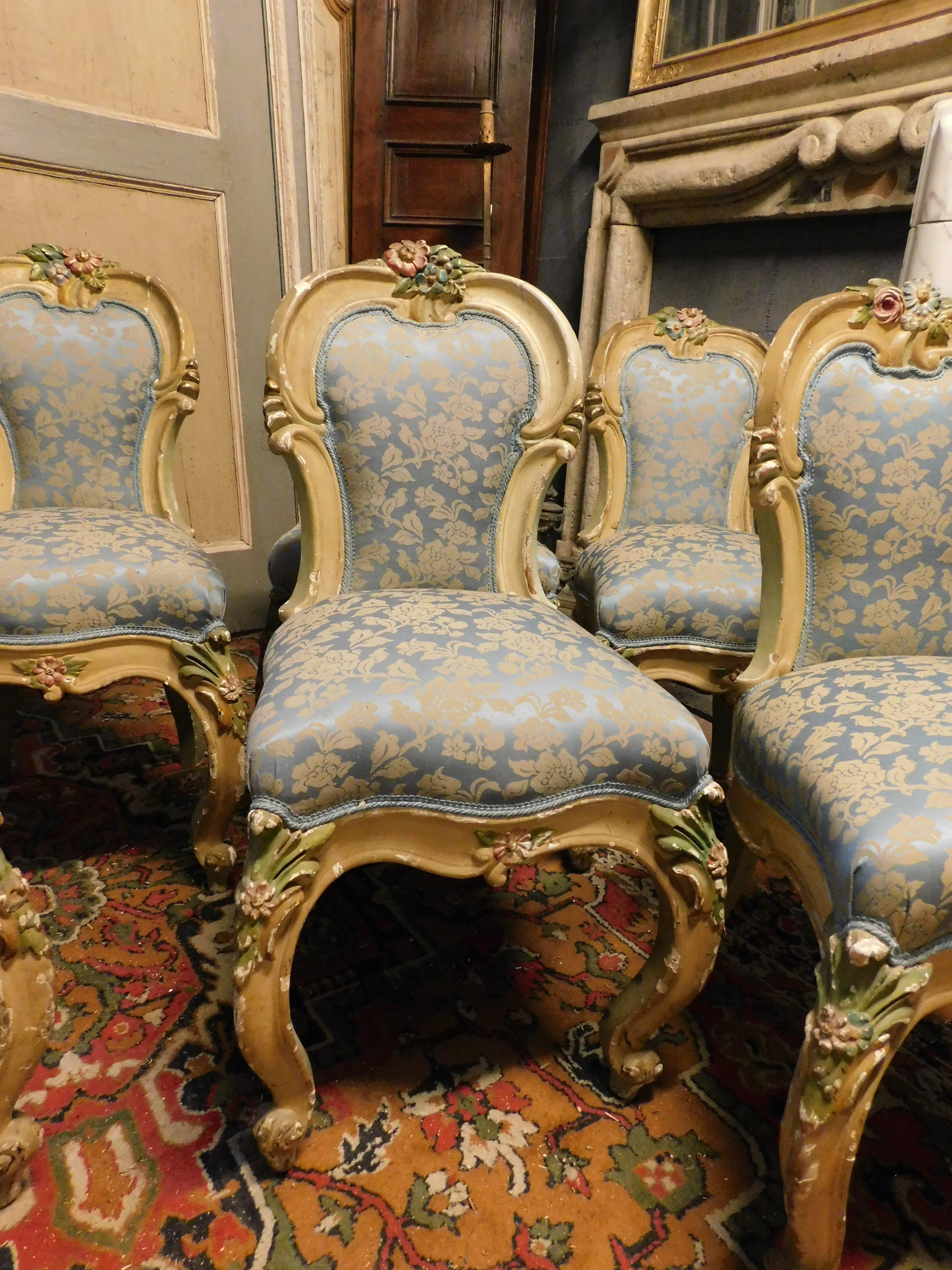 Carved Complete Liberty living room set, carved lacquered yellow and blue, Italy For Sale