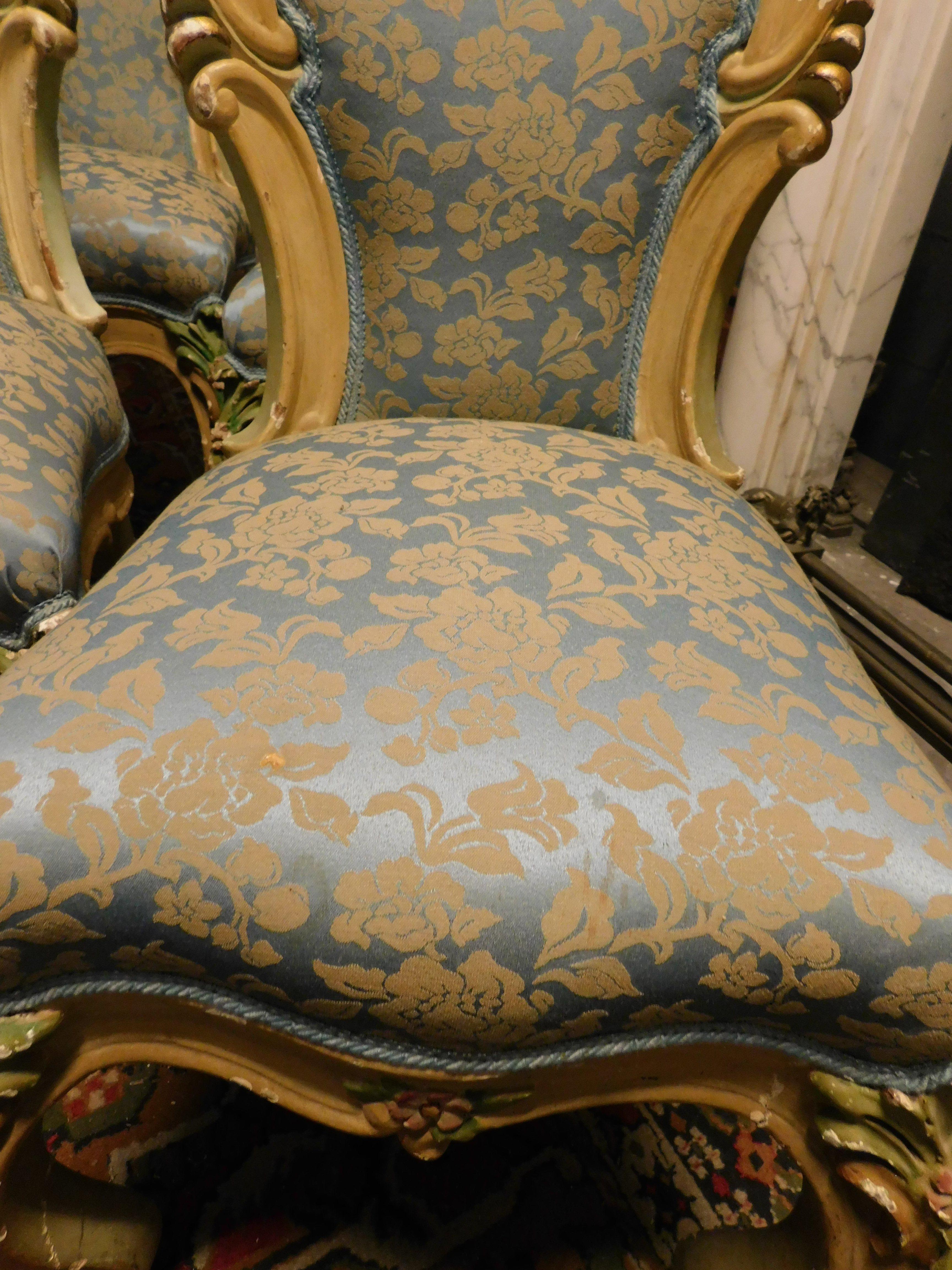 20th Century Complete Liberty living room set, carved lacquered yellow and blue, Italy For Sale
