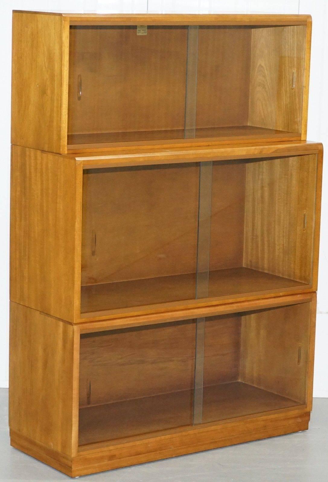 Complete Library Suite of 1960s Simplex Honey Oak Stacking Bookcases Glass Door 1