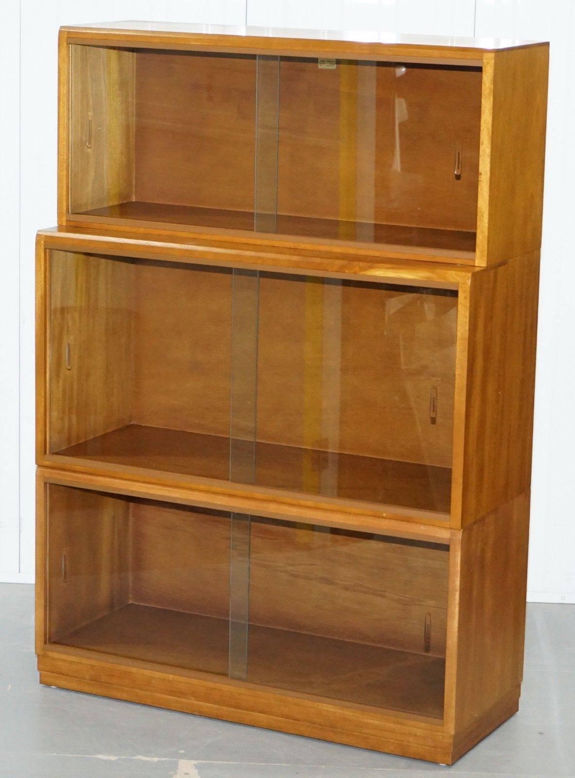 Complete Library Suite of 1960s Simplex Honey Oak Stacking Bookcases Glass Door 2
