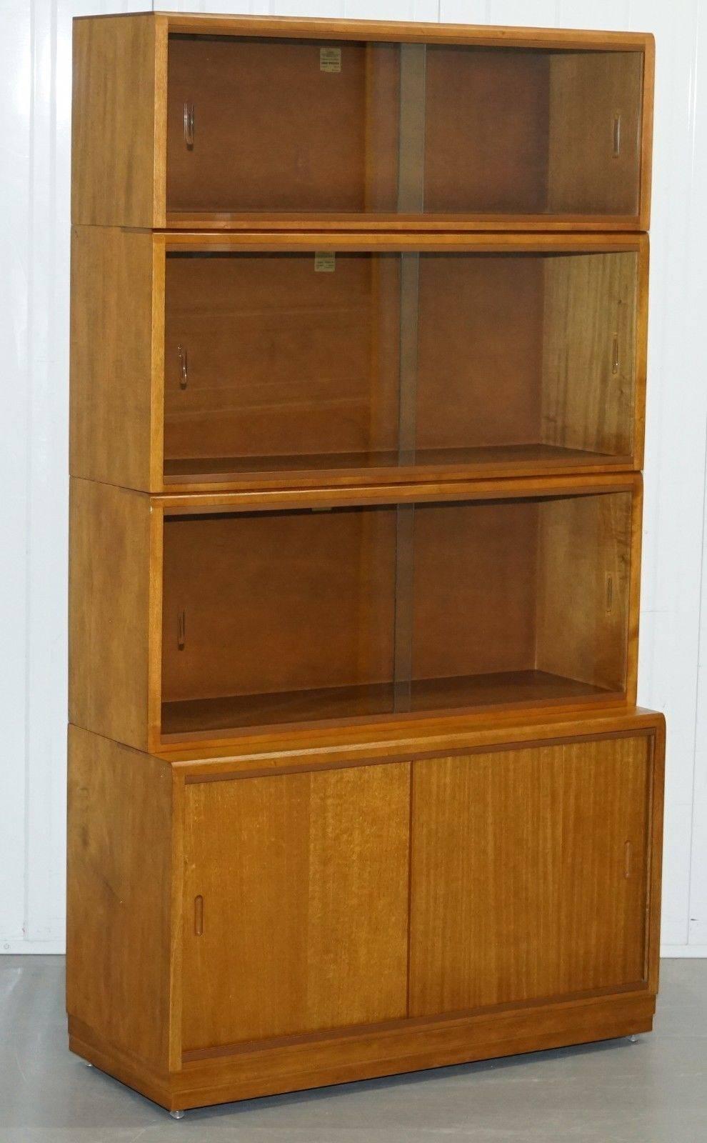 Mid-20th Century Complete Library Suite of 1960s Simplex Honey Oak Stacking Bookcases Glass Door