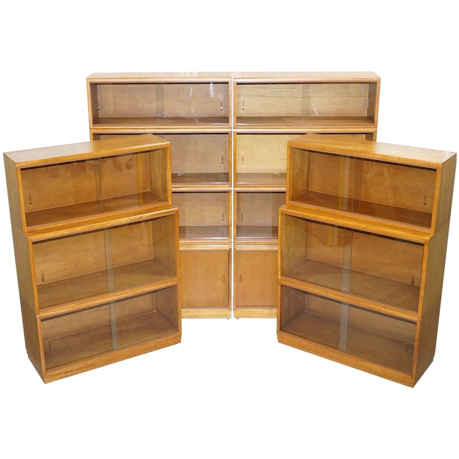 Complete Library Suite of 1960s Simplex Honey Oak Stacking Bookcases Glass Door