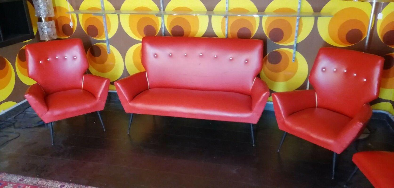 Faux Leather Complete Living Room Set, Sofa and Pair of Armchairs in Skay, 1960s