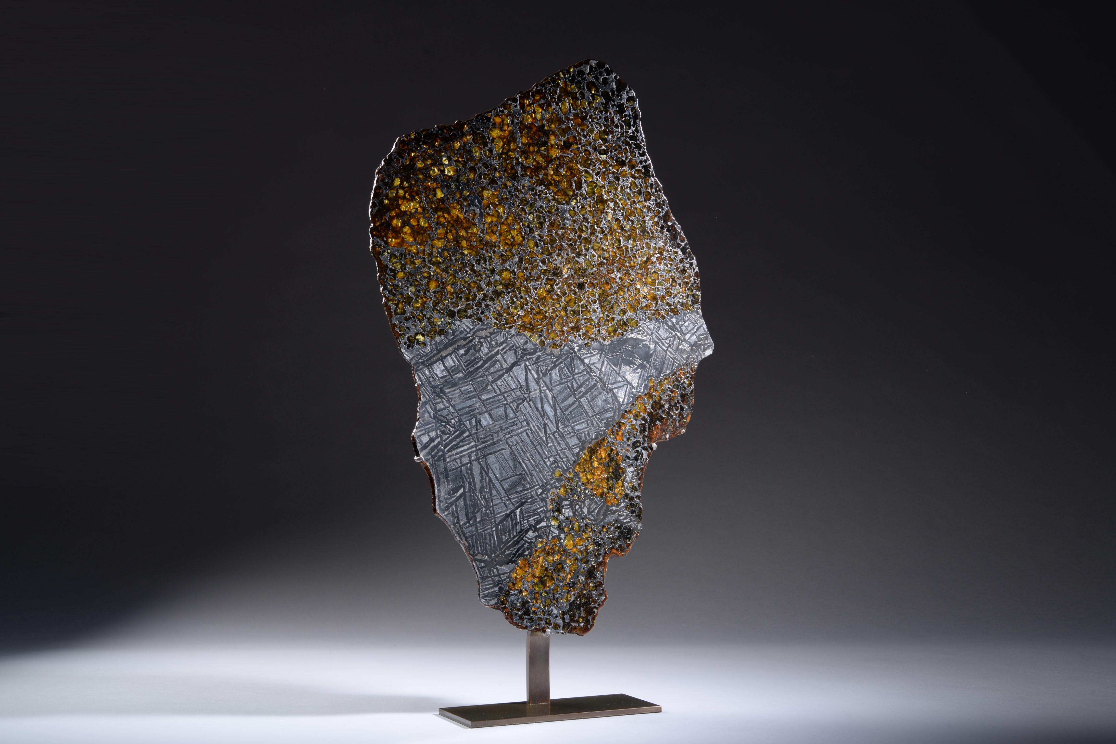 Russian Complete Meteorite Slice, Extraterrestrial Gemstones in Metallic Matrix