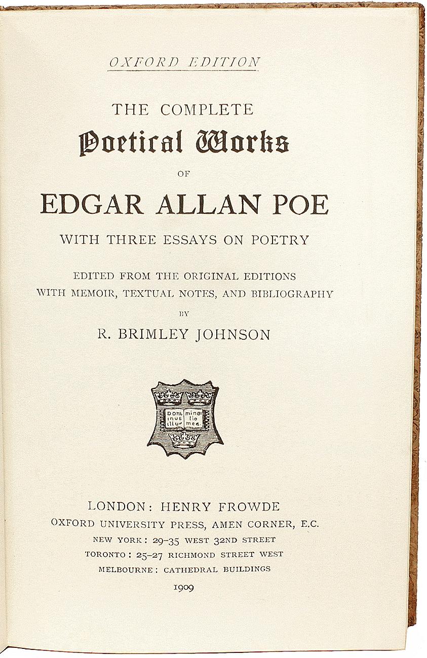 Américain Œuvres poétiques complètes d'Edgar Allen Poe. ÉditionOXFORD. 1909 CALF À TOUS TREE CALF en vente