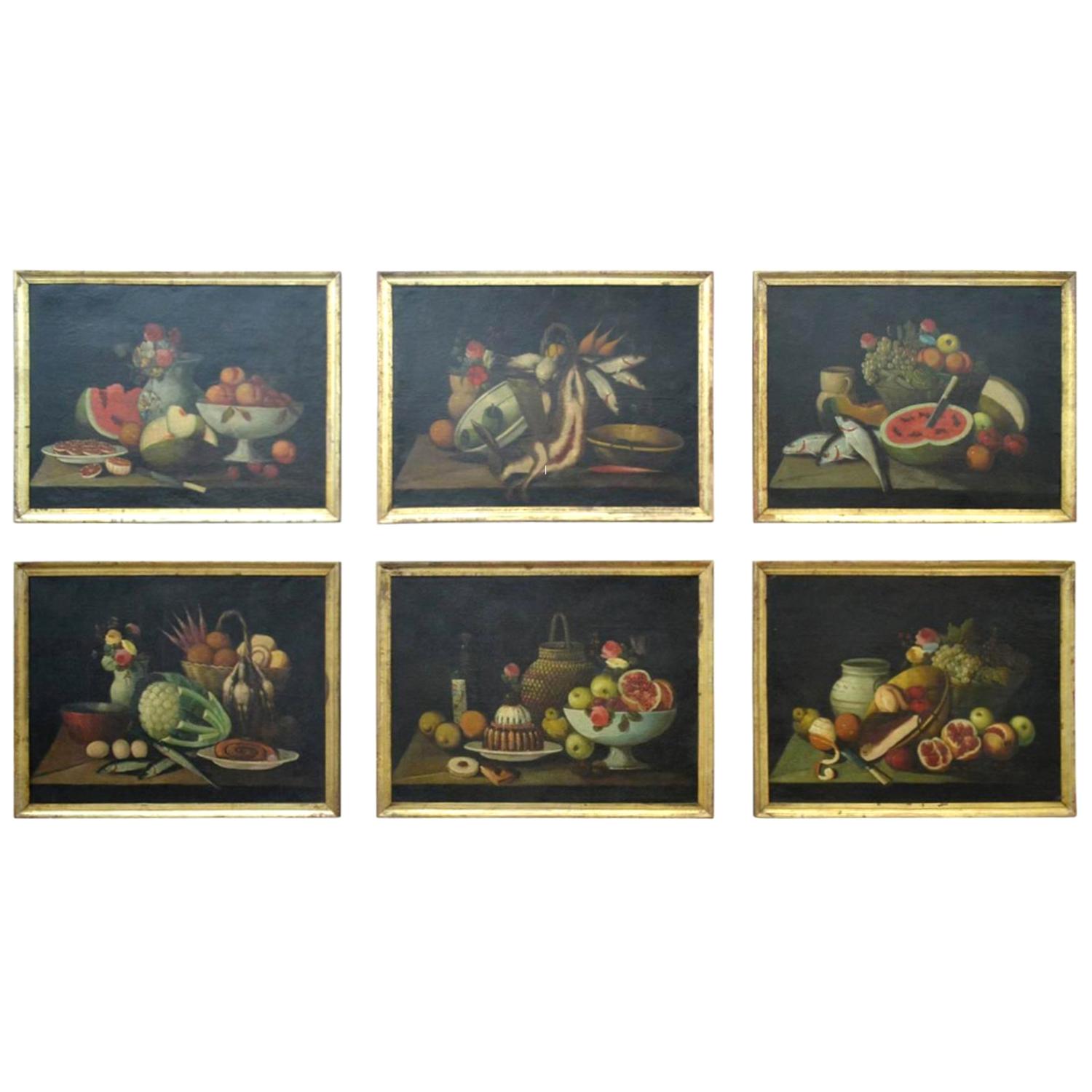Still Life Oil Paintings Series of Six 18th Century Spanish 