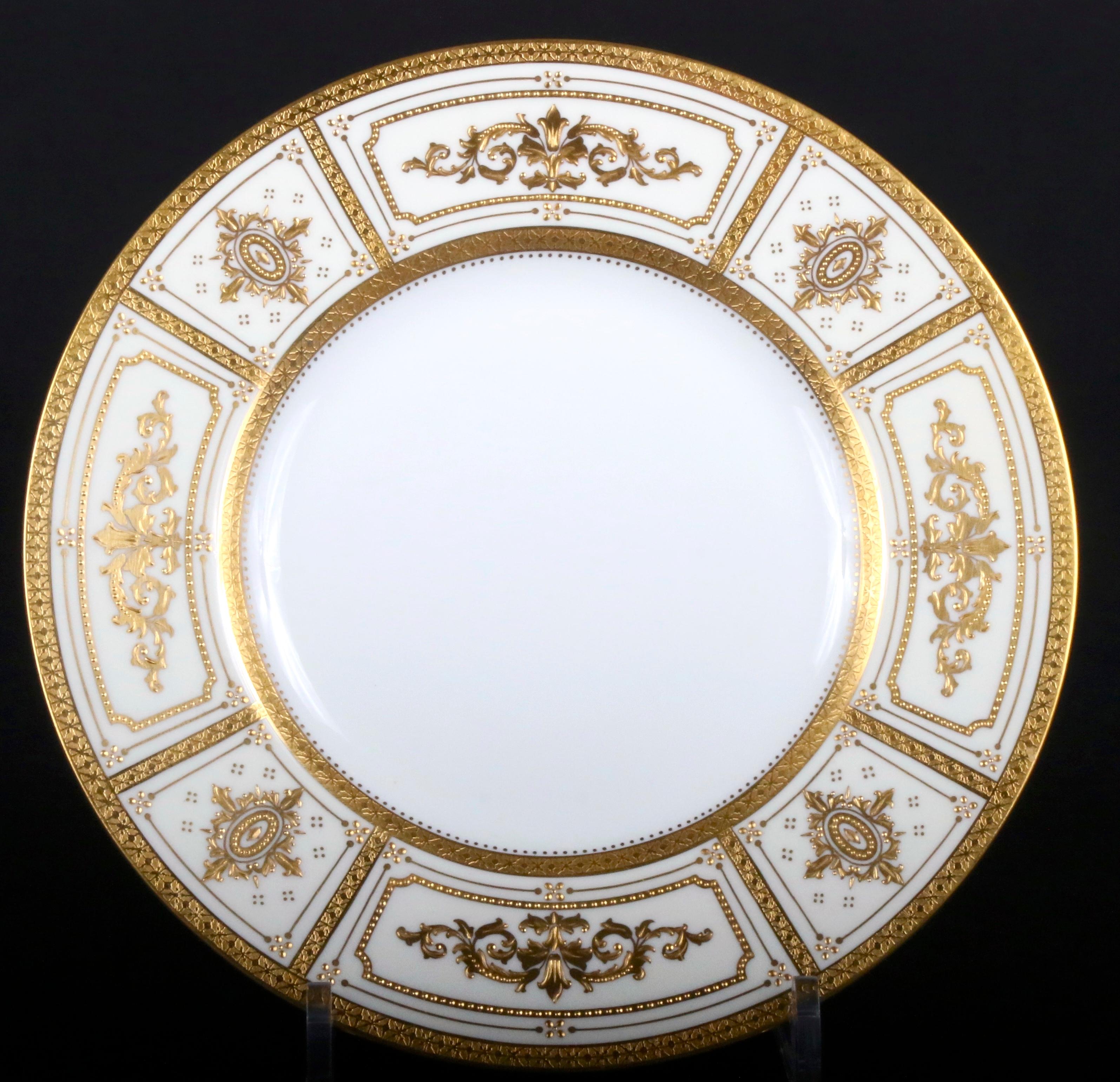 English Complete Service for 12 of Minton for Tiffany Neoclassical Style Gilded Plates For Sale