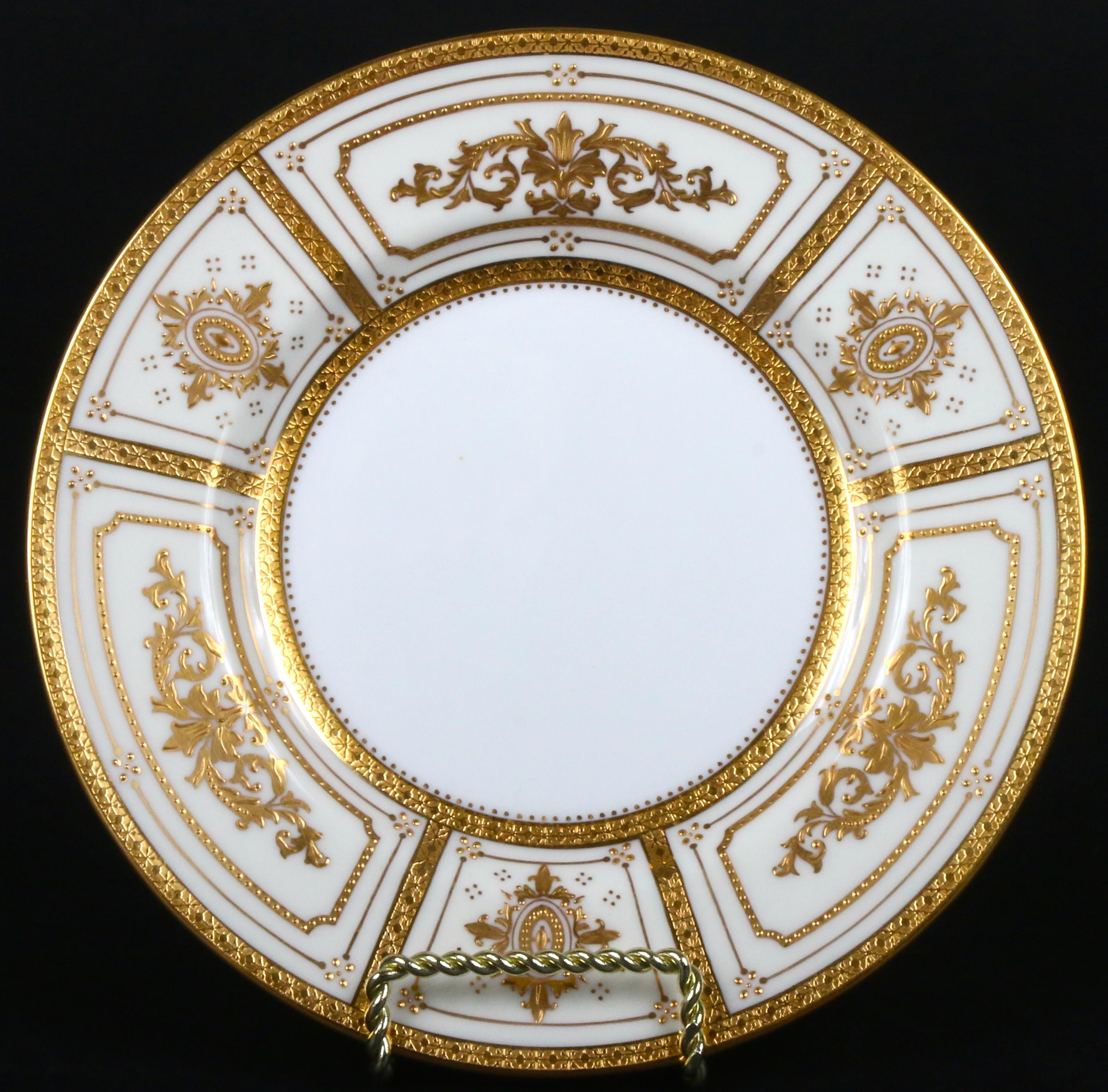 Gold Leaf Complete Service for 12 of Minton for Tiffany Neoclassical Style Gilded Plates For Sale