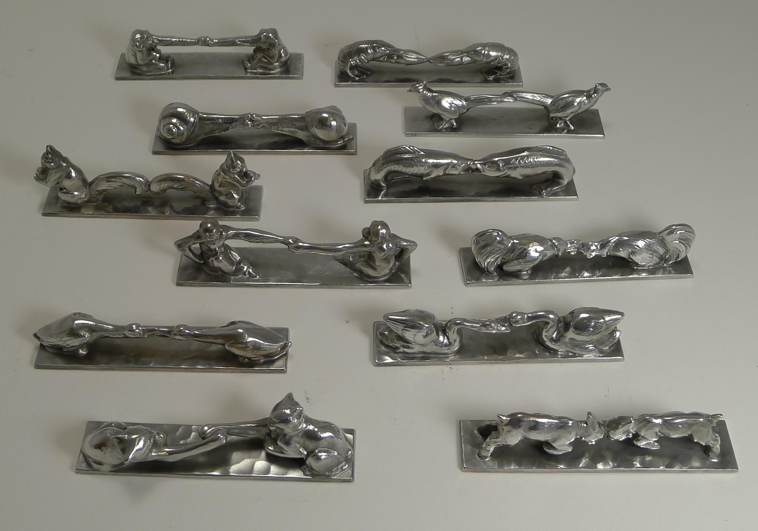 Complete Set of 12 Art Deco Knife Rests, French, Signed, Animals In Good Condition In Bath, GB