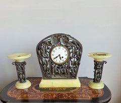 Complete Set Art Deco Wrought Iron & Onyx Clock with Cassolettes by M. Vasseur