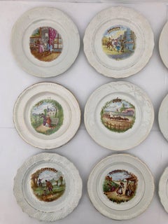 Complete Set of 12 French Countryside Plate of the Month Transferware, 1920s