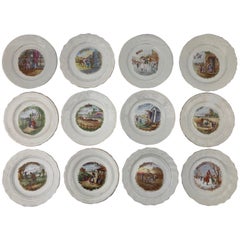 Antique Complete Set of 12 French Countryside Plate of the Month Transferware, 1920s