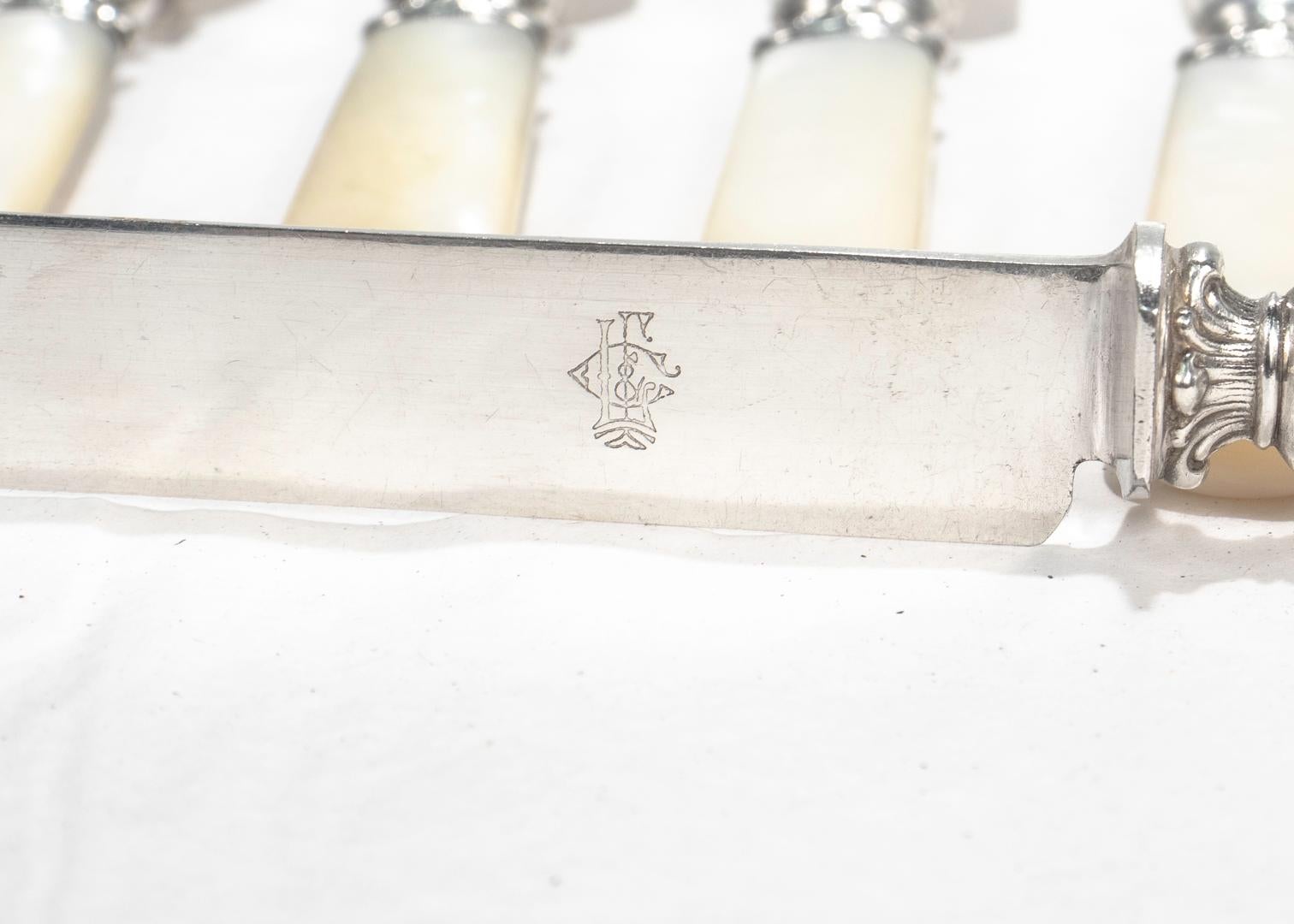 Complete Set of 12 Silver & Mother of Pearl Handled Dinner Knives For Sale 6
