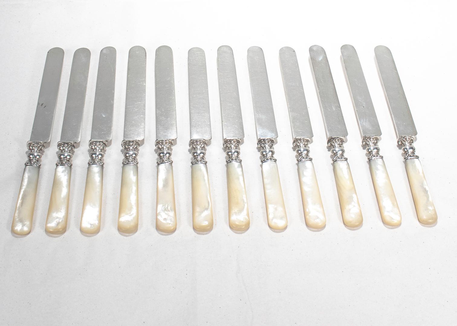 Aesthetic Movement Complete Set of 12 Silver & Mother of Pearl Handled Dinner Knives For Sale