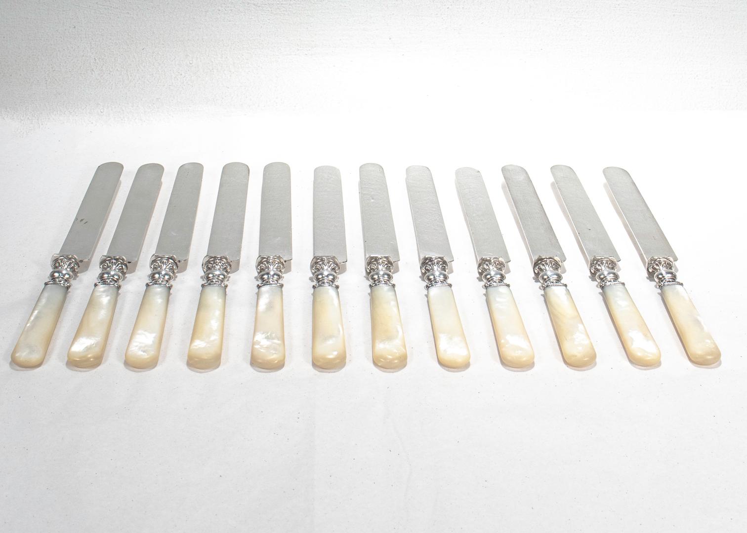 Complete Set of 12 Silver & Mother of Pearl Handled Dinner Knives In Good Condition For Sale In Philadelphia, PA