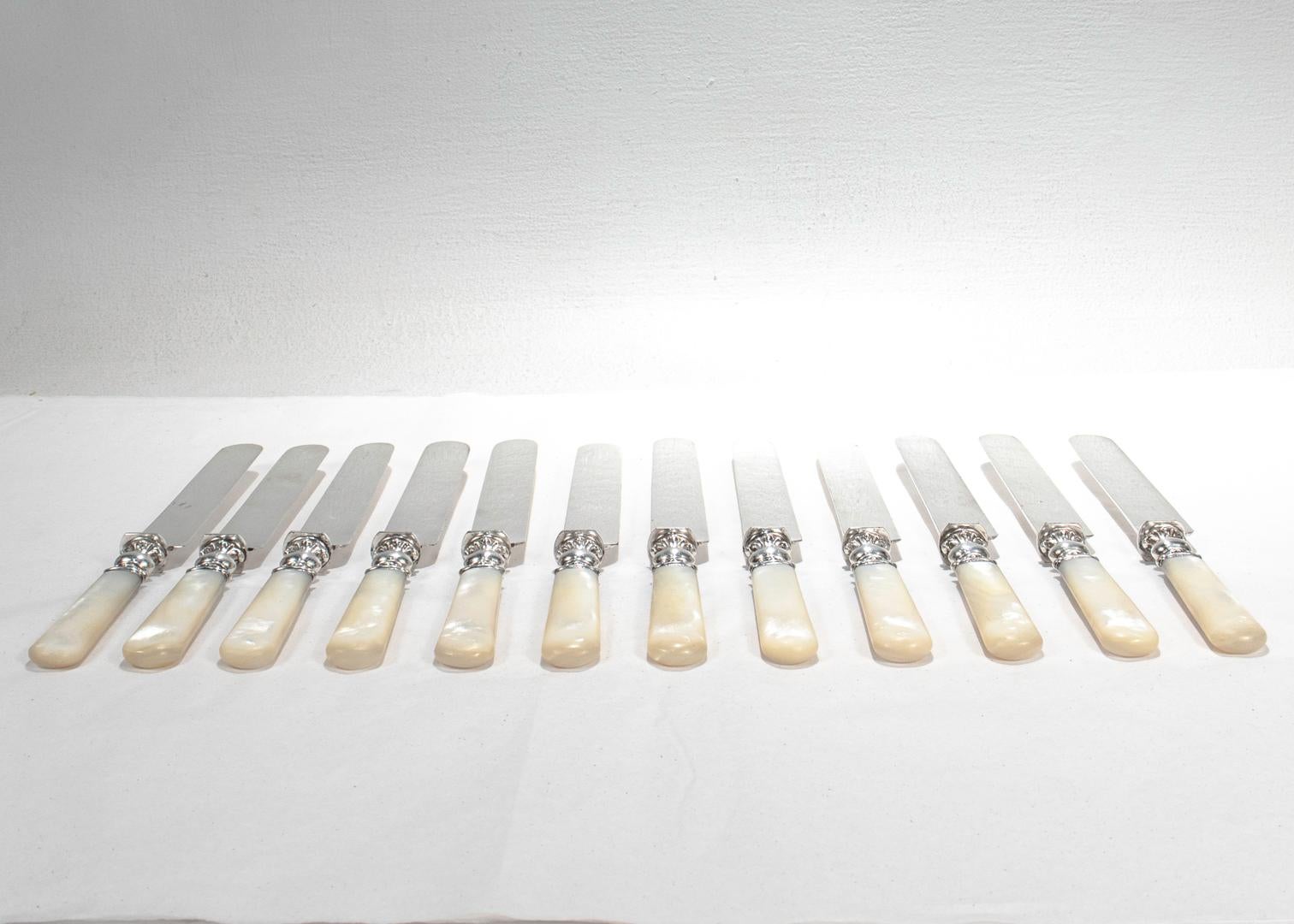 Women's or Men's Complete Set of 12 Silver & Mother of Pearl Handled Dinner Knives For Sale