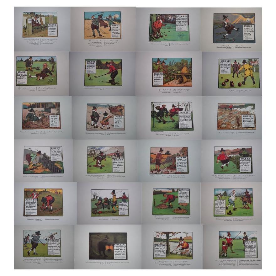 Vollständiger Satz von 24 Charles Crombie
s Rules of Golf Illustrationen für Perrier im Angebot