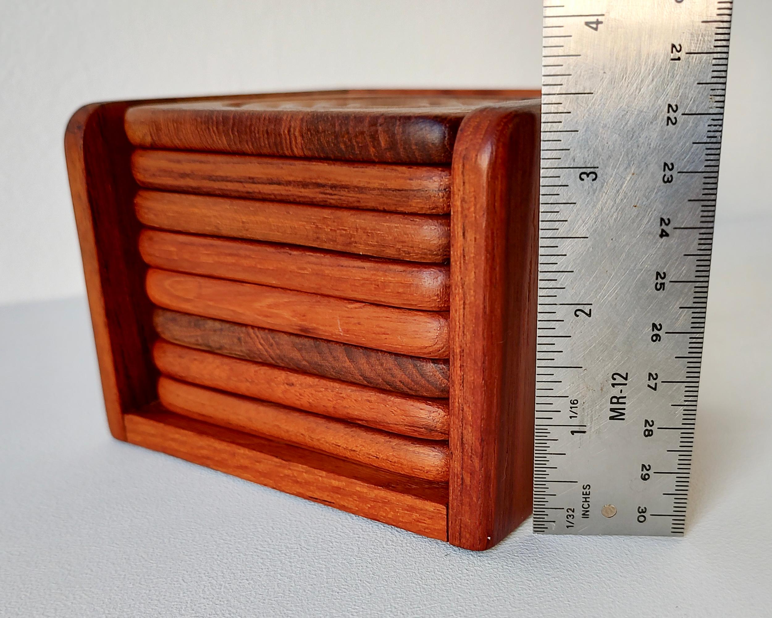 Complete Set of 8 Mid-Century Square Solid Teak Coasters in Caddy 1960s For Sale 1