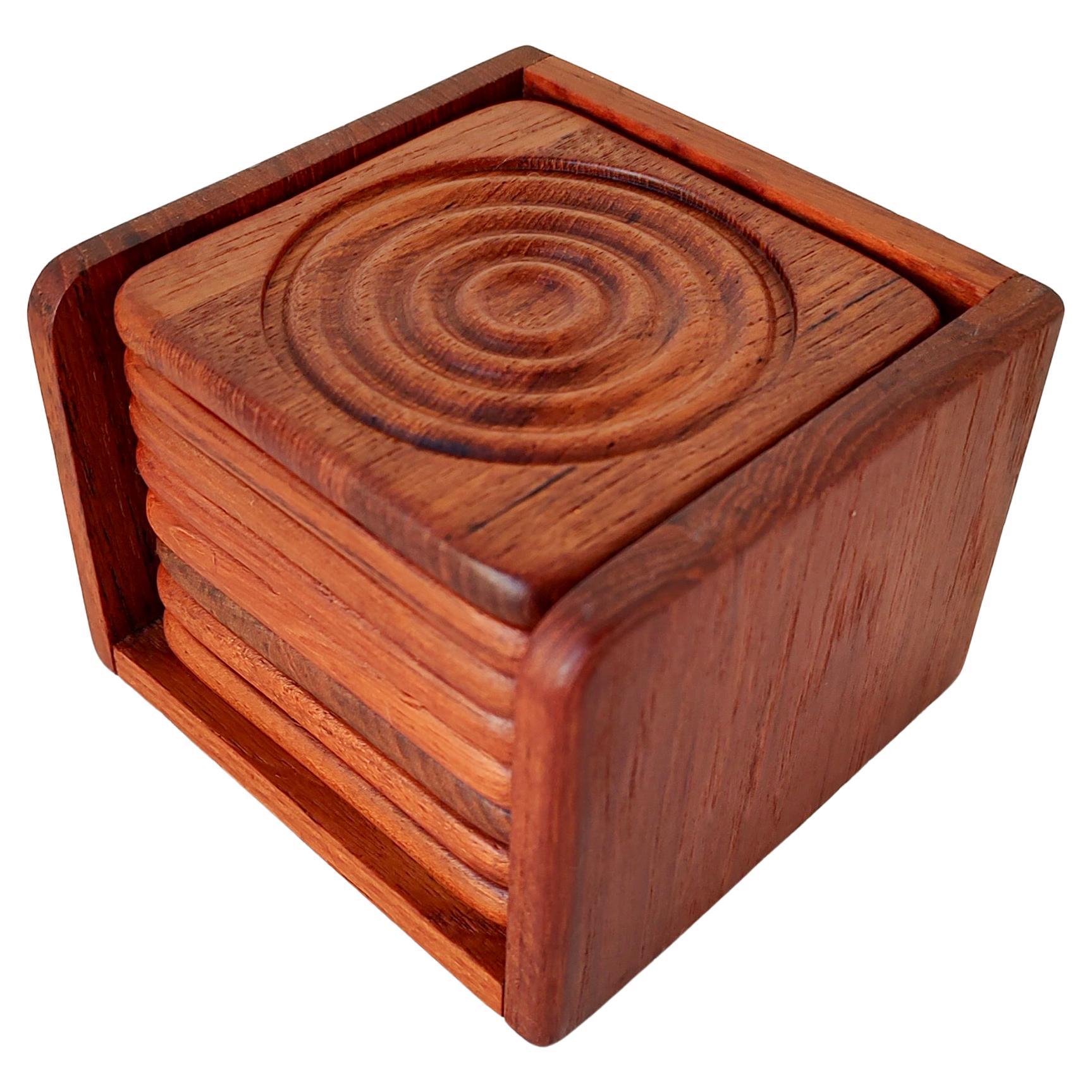 Complete Set of 8 Mid-Century Square Solid Teak Coasters in Caddy 1960s For Sale
