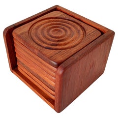 Complete Set of 8 Mid-Century Square Solid Teak Coasters in Caddy 1960s