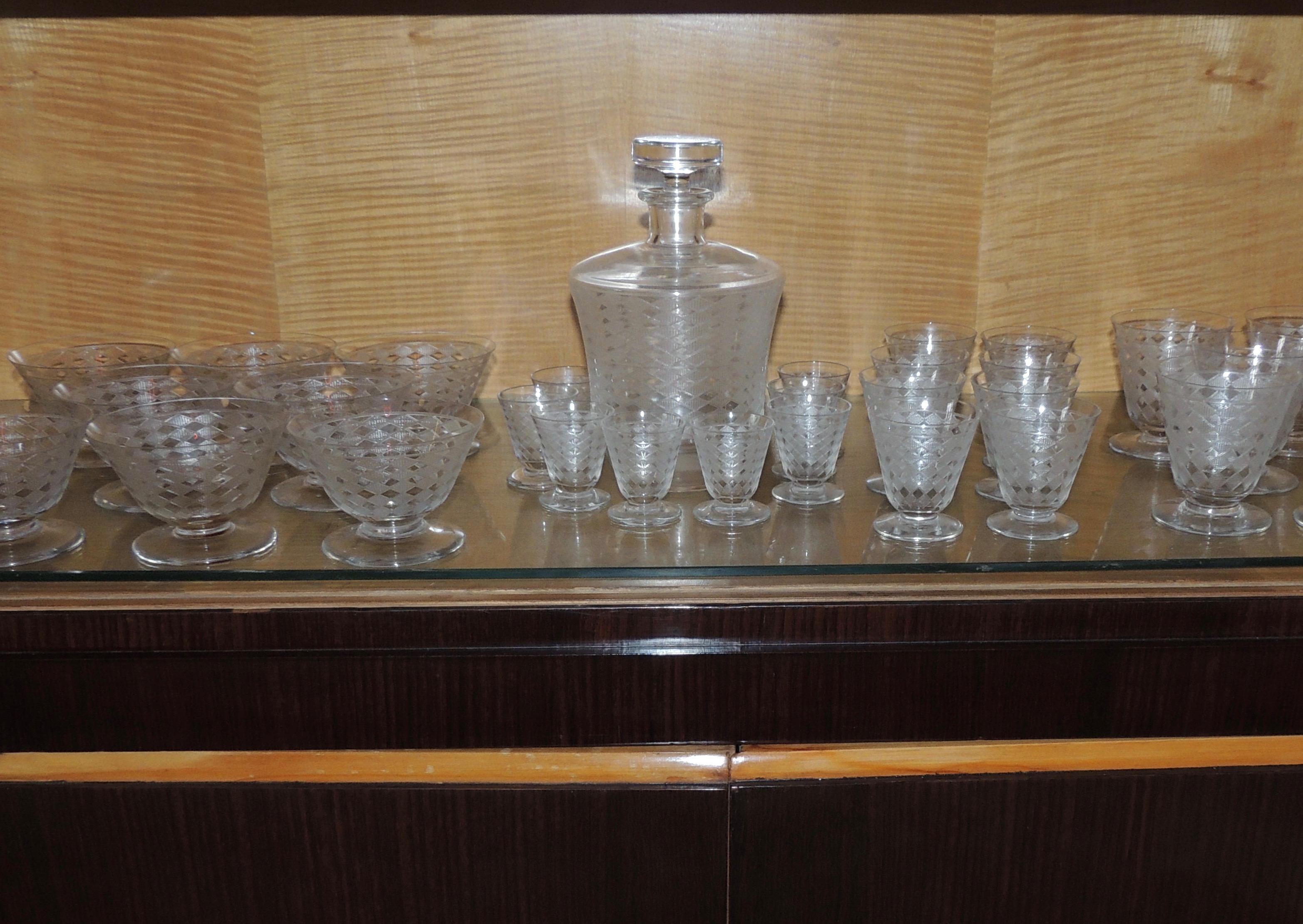 An Art Deco era set of Baccarat glassware with a decanter and 32 glasses in four sizes for your drinking pleasure! This unusual set in an alternating smooth and textured argyle pattern is in beautiful condition and ready to use for a variety of