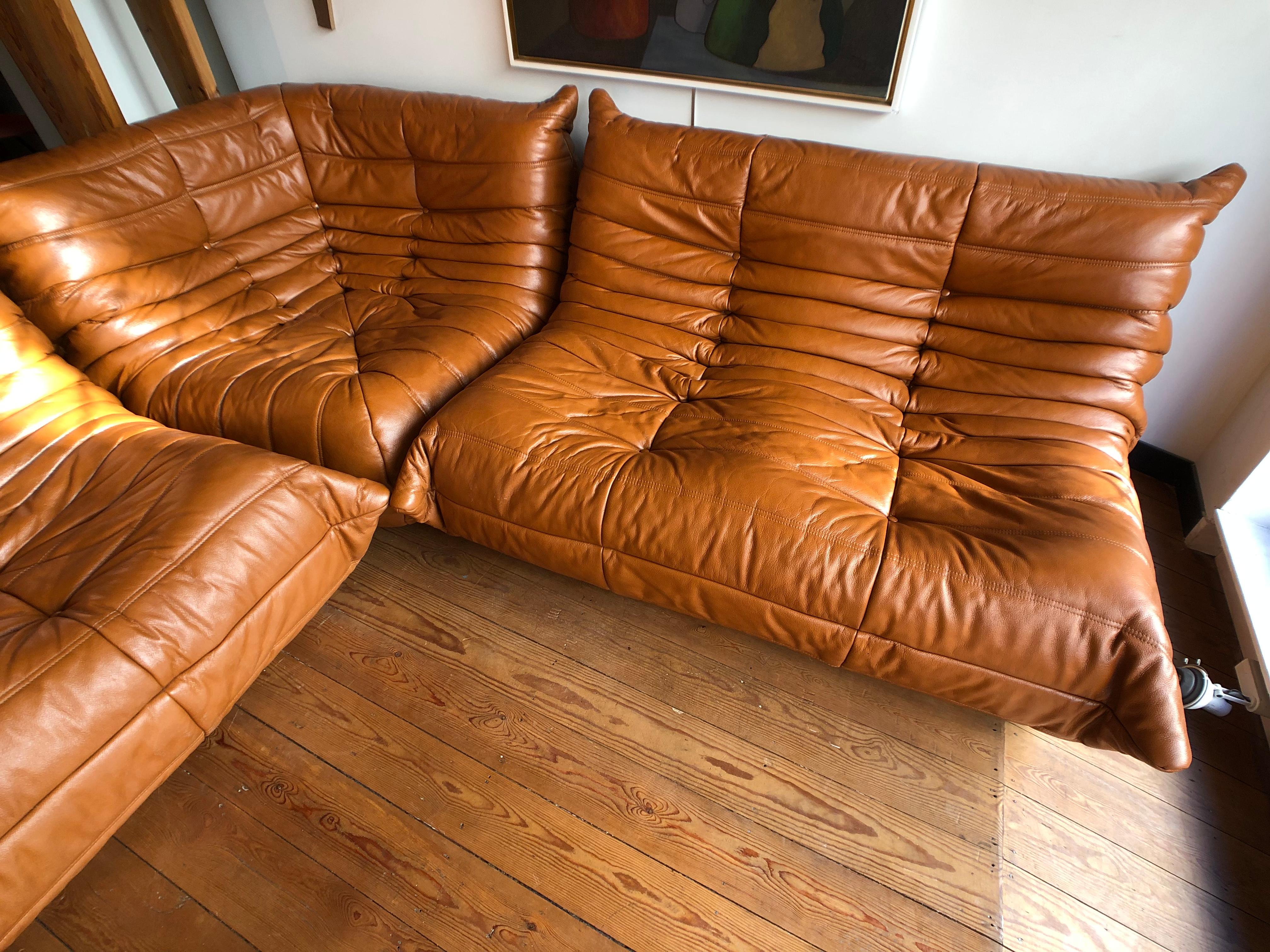 French Complete Set of Cognac Leather “Togo” for Ligne Roset by Michel Dilucaroy