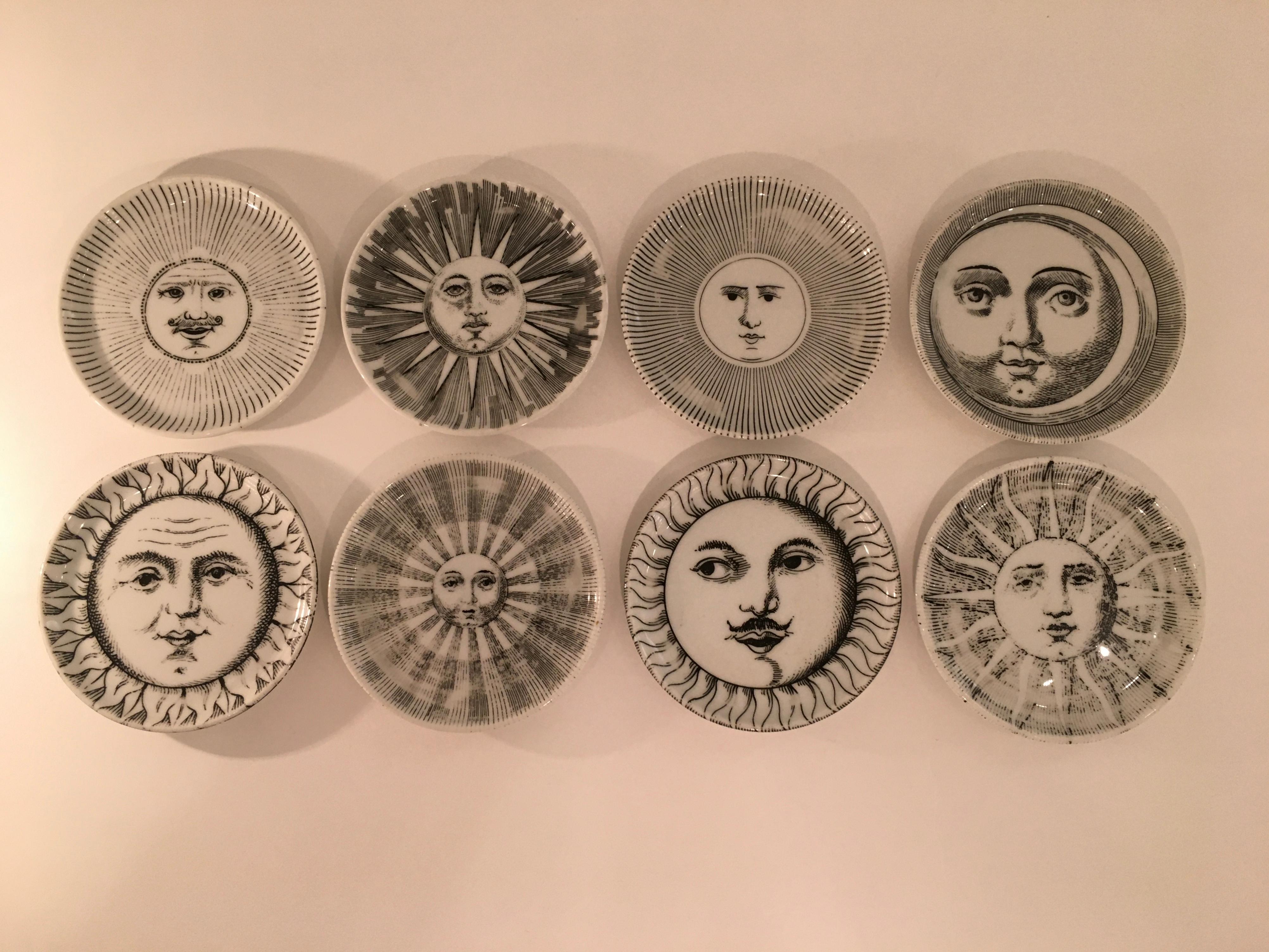 Ceramic Complete Set of Eight 'Soli e Lune' Drinks Coasters by Fornasetti, Italy