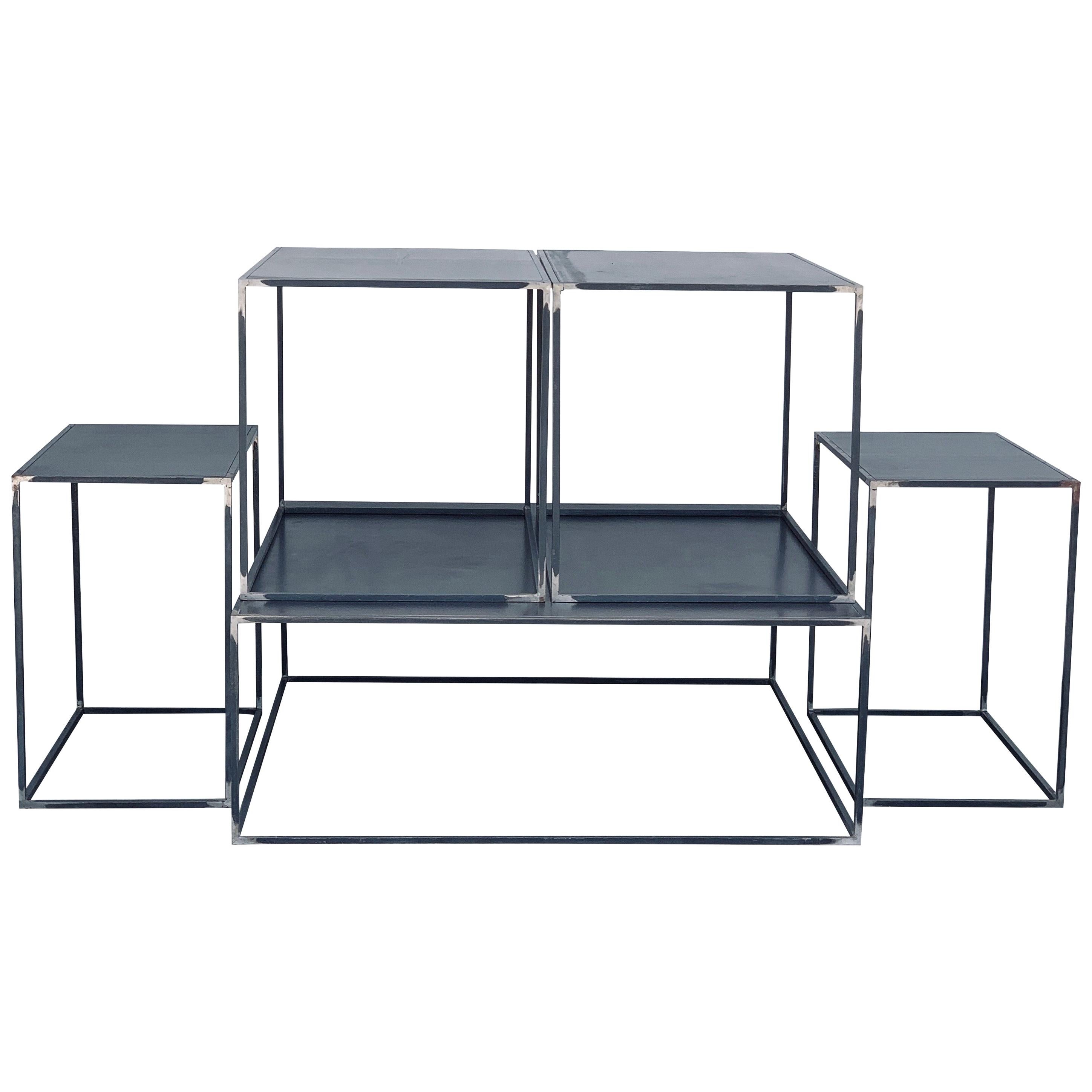 Complete Set of 'Filiforme' Minimalist Patinated Steel Living Room Tables For Sale
