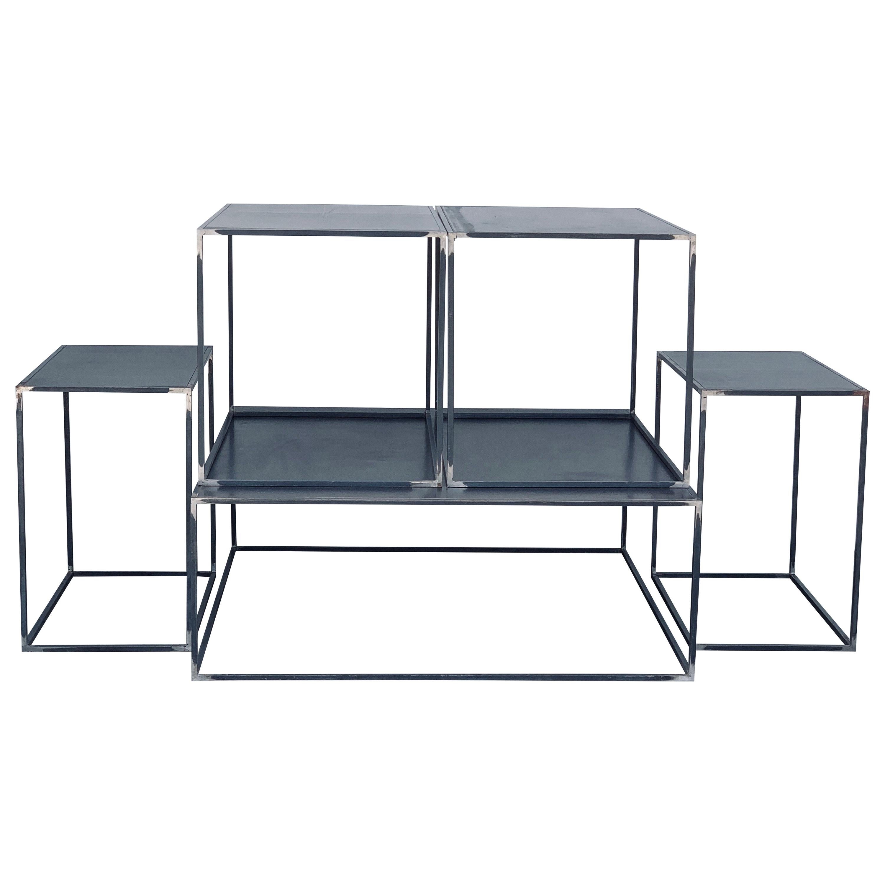 Complete Set of 'Filiforme' Minimalist Patinated Steel Living Room Tables For Sale