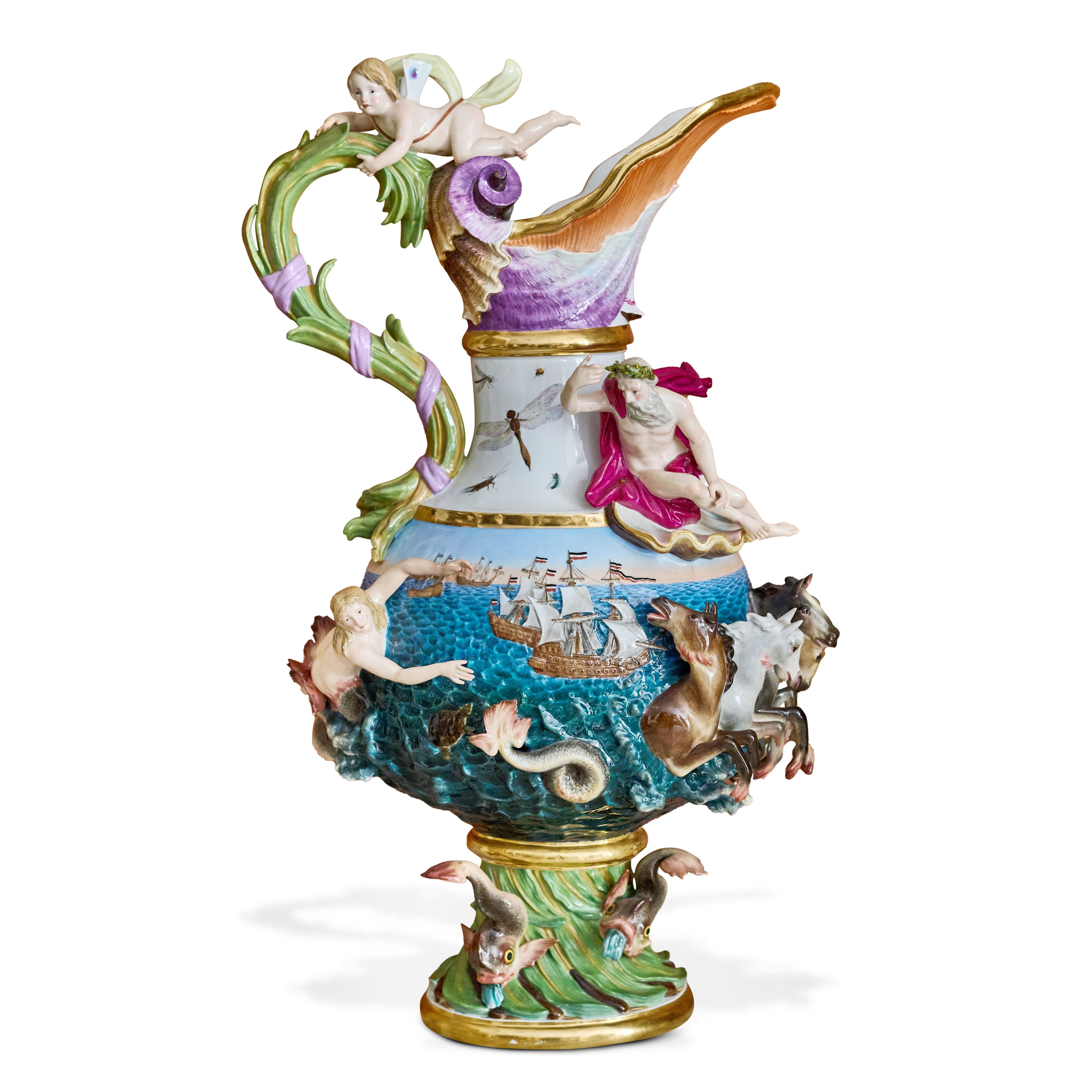 This extremely important set of Meissen ewers represents the Four Elements: Earth, Air, Water and Fire. Impressive in both size and artistry, they are among the most famous and spectacular examples of Meissen porcelain ever made. Each vase is an